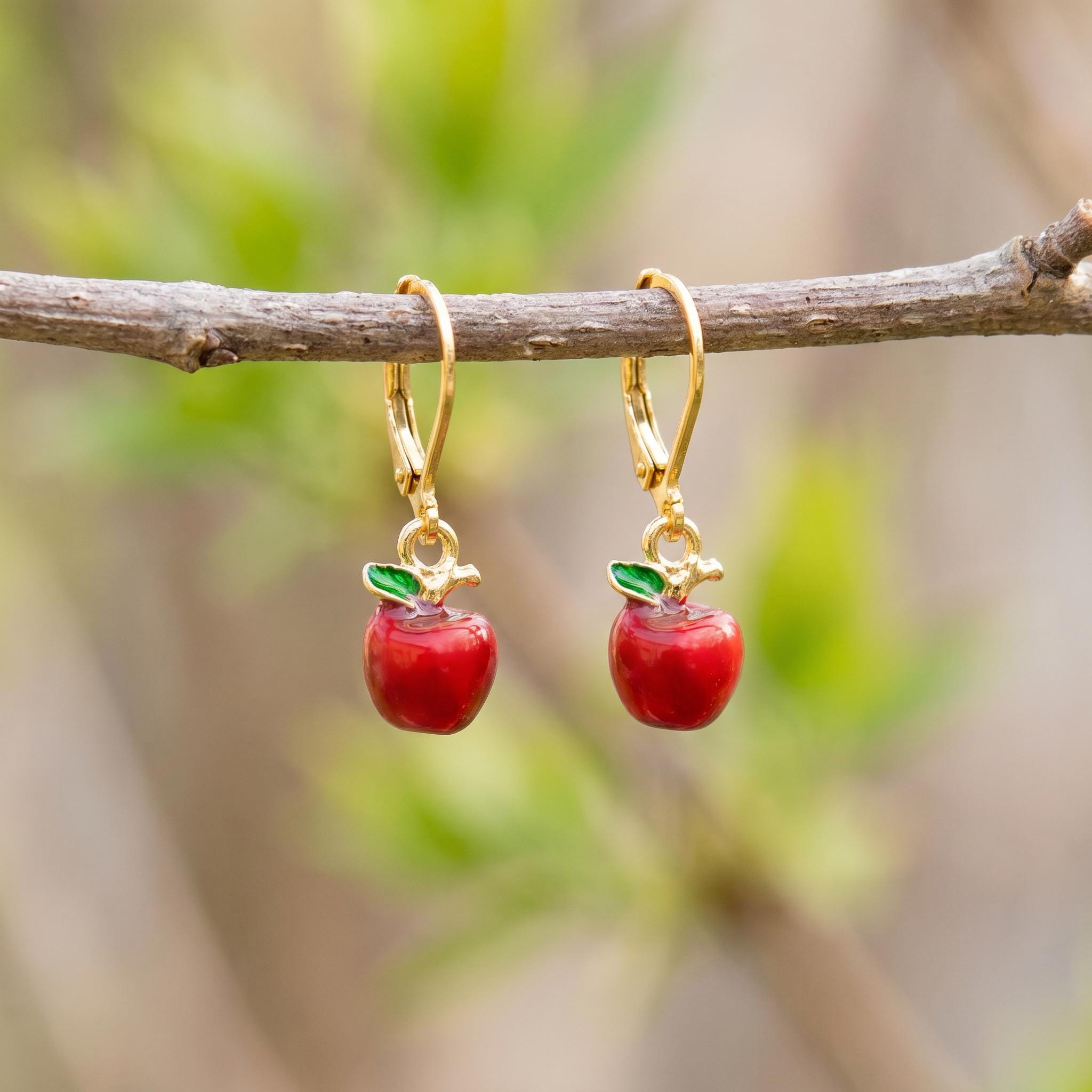 Apple Earrings dangle gold teacher gifts for women, colorful cute red Fruit Food Jewelry nature inspired fall jewelry gift for gardeners