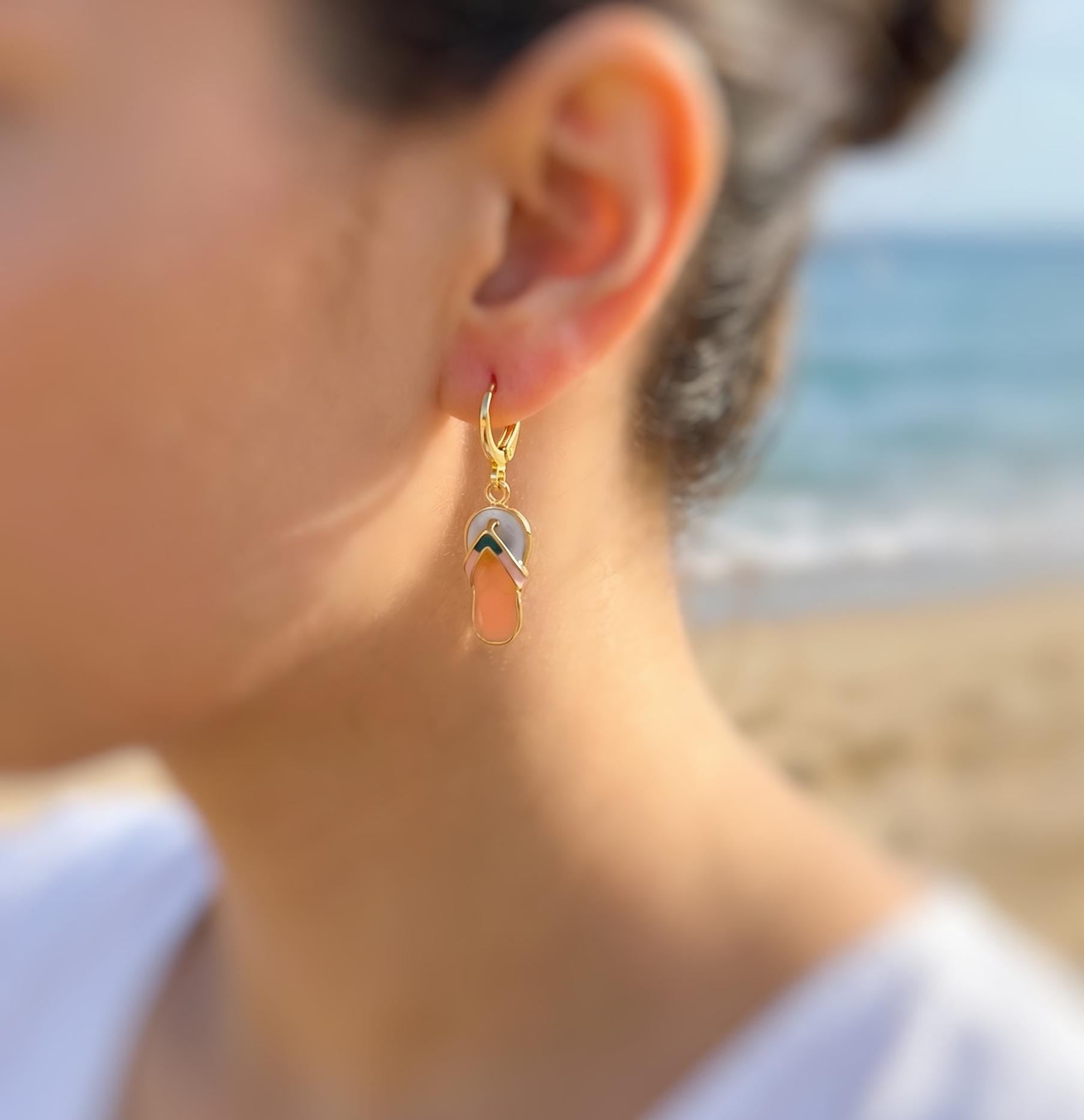 Summer Earrings gold Flip Flops Huggie Hoops, cute boho beachy ocean jewelry, unique fun whimsical novelty gift for surfers, swimmers women