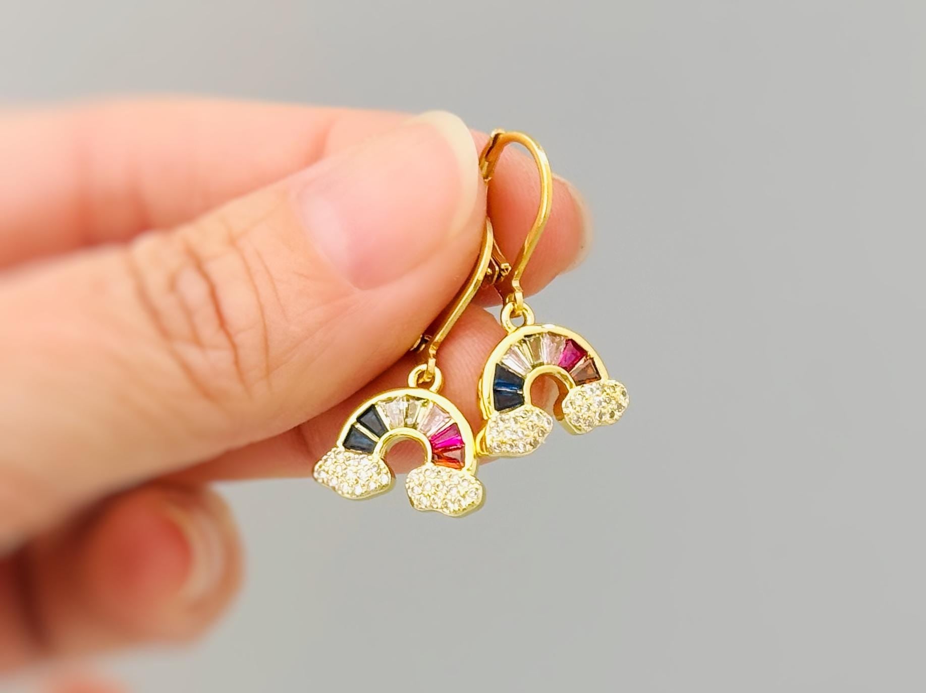 Rainbow Earrings Dangle Gold Huggie Hoops trendy colorful earrings for women pride gift unique sparkly festival pride jewelry for her