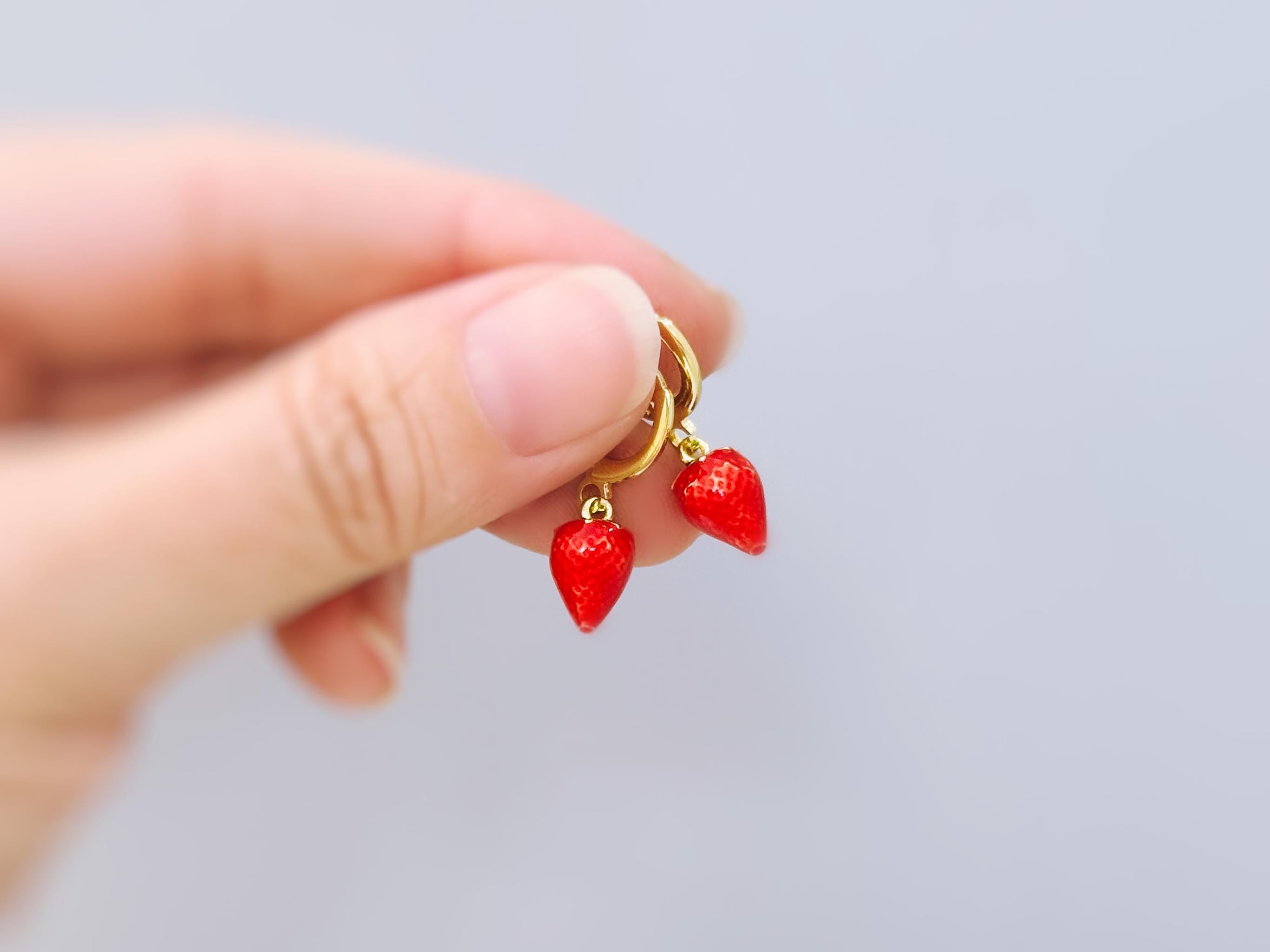 Dainty Strawberry Huggie Hoop Earrings Gold Red Charm Earrings, Cottagecore Jewelry Fruit Chef Gift, Cute Summer Earrings gift for gardener