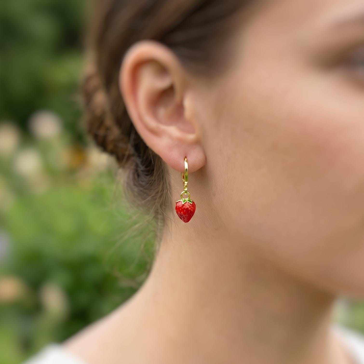 Dainty Strawberry Huggie Hoop Earrings Gold Red Charm Earrings, Cottagecore Jewelry Fruit Chef Gift, Cute Summer Earrings gift for gardener