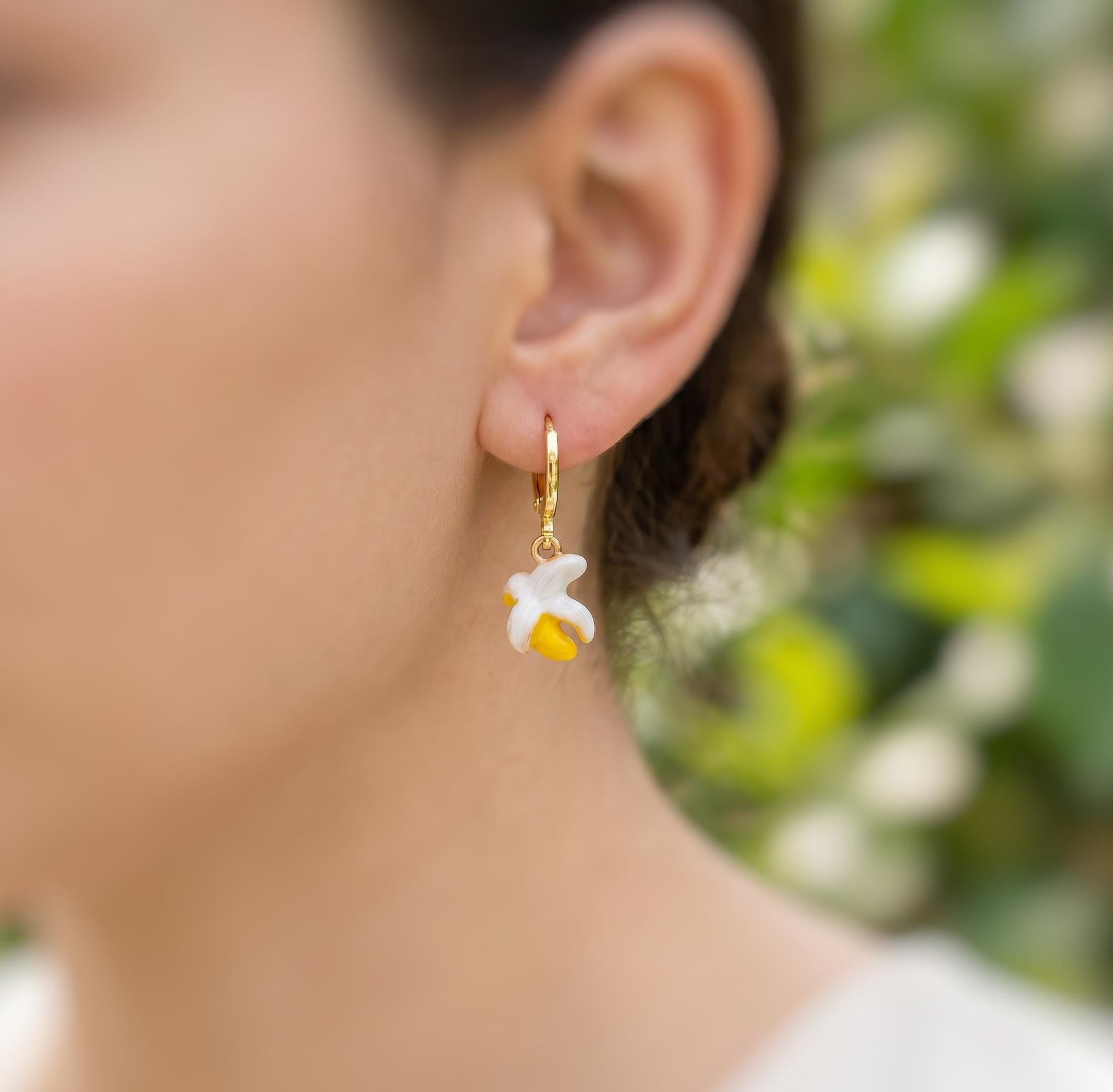 Dainty Banana Huggie Hoop Earrings Gold Yellow Charm Earrings, Cottagecore Jewelry Fruit Chef Gift, Cute Novelty Earrings gift for gardener