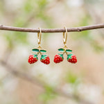 Strawberry Earrings Gold Leverbacks Red Charm Earrings, Cottagecore Jewelry Fruit Chef Gift, Cute Summer Earrings gift for gardener, mom bff