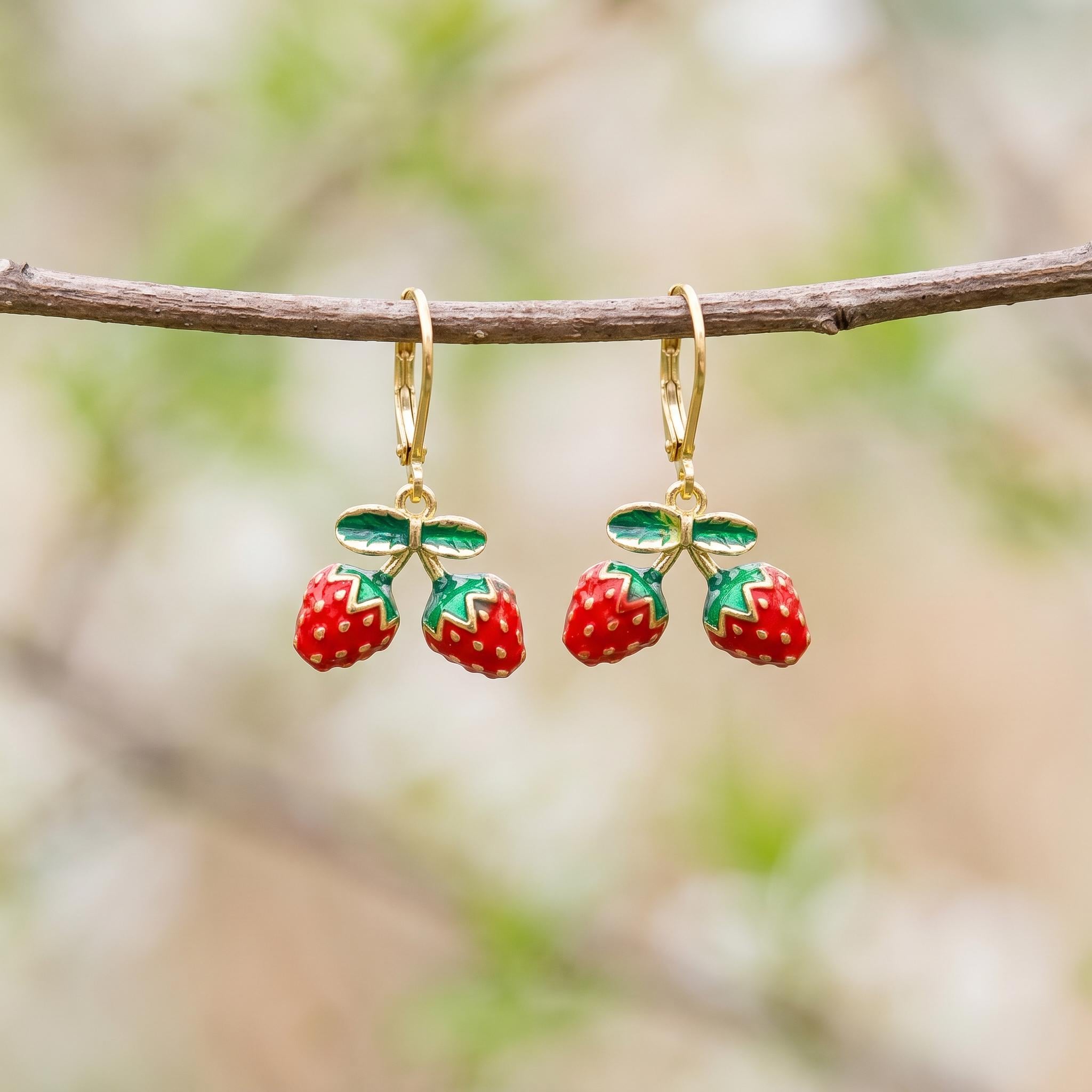 Strawberry Earrings Gold Leverbacks Red Charm Earrings, Cottagecore Jewelry Fruit Chef Gift, Cute Summer Earrings gift for gardener, mom bff