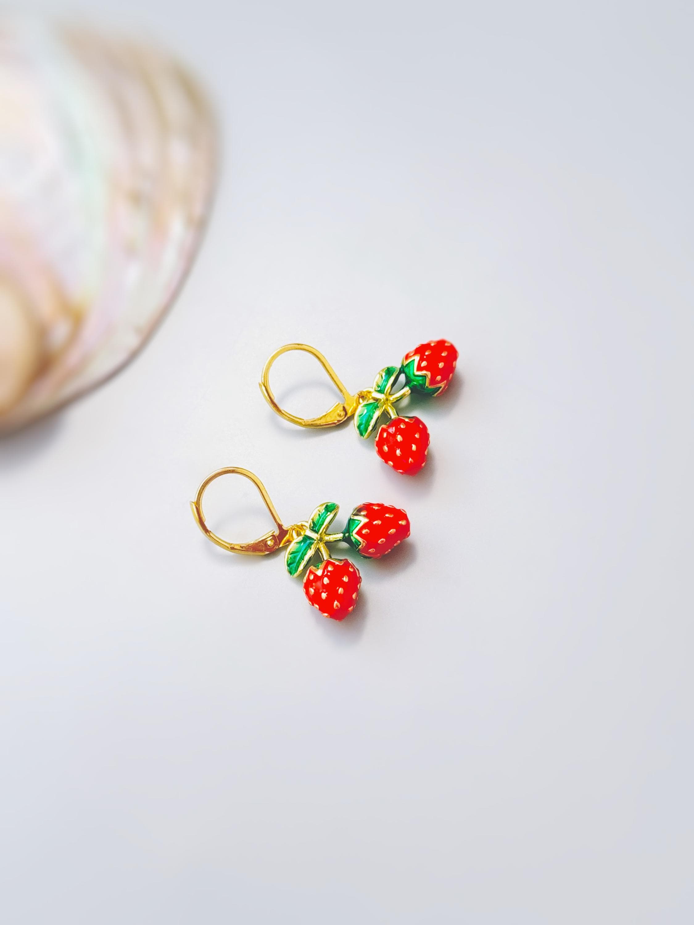 Strawberry Earrings Gold Leverbacks Red Charm Earrings, Cottagecore Jewelry Fruit Chef Gift, Cute Summer Earrings gift for gardener, mom bff