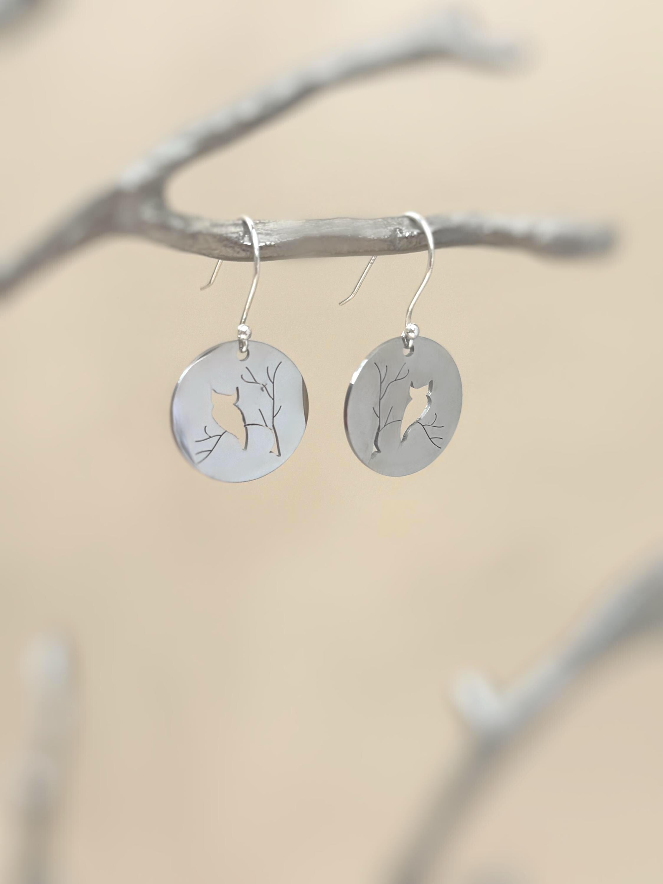 Owl Earrings dangle silver handmade witchy jewelry unique dangling spooky gothic earrings gift for nature and bird lovers, mom, sister, bff