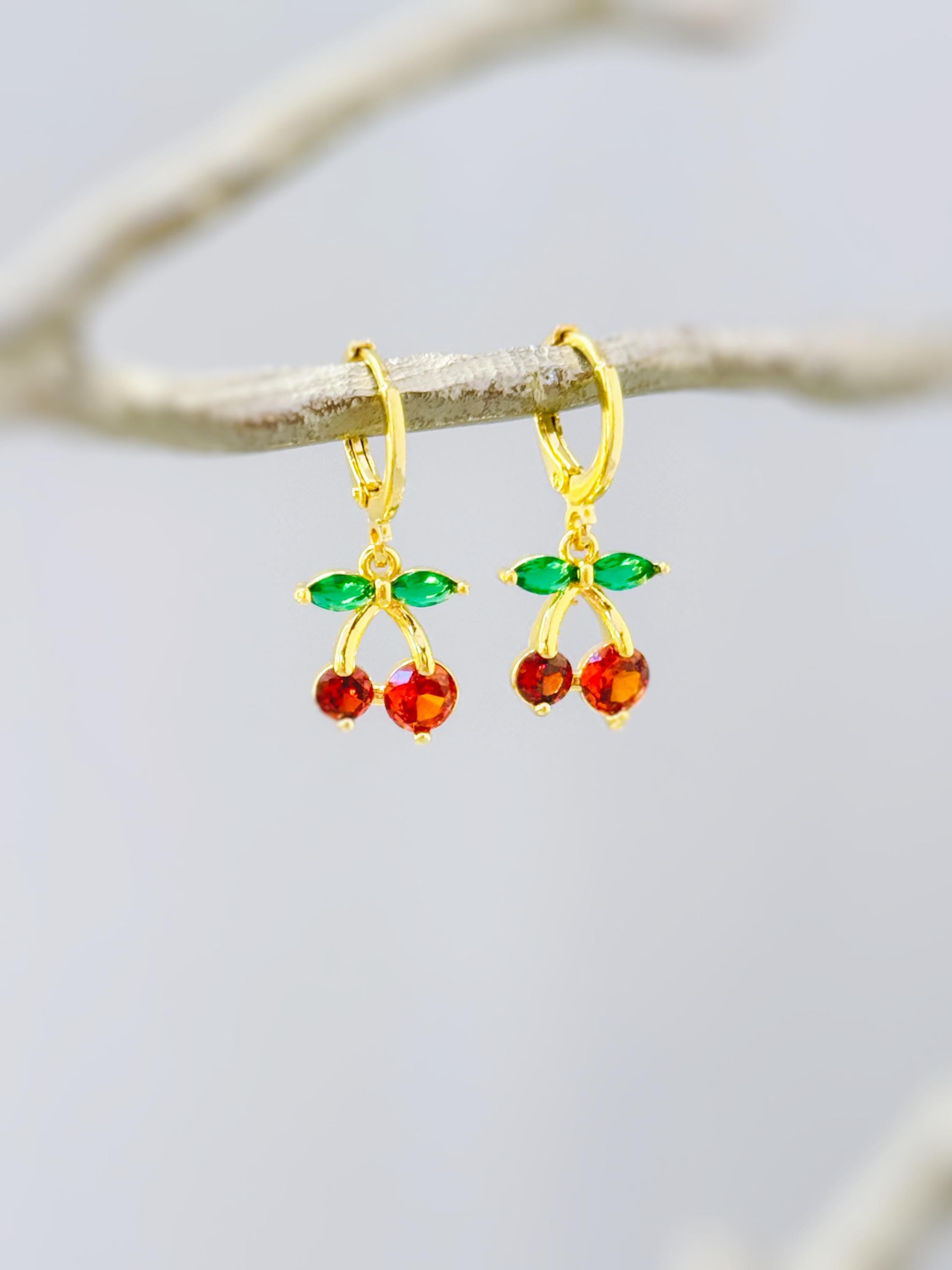 Cherry Earrings Silver, Gold Huggie Hoops Red Fruit Charm Earrings, Cottagecore Jewelry Chef Gift, Cute Summer Earrings gift for gardeners