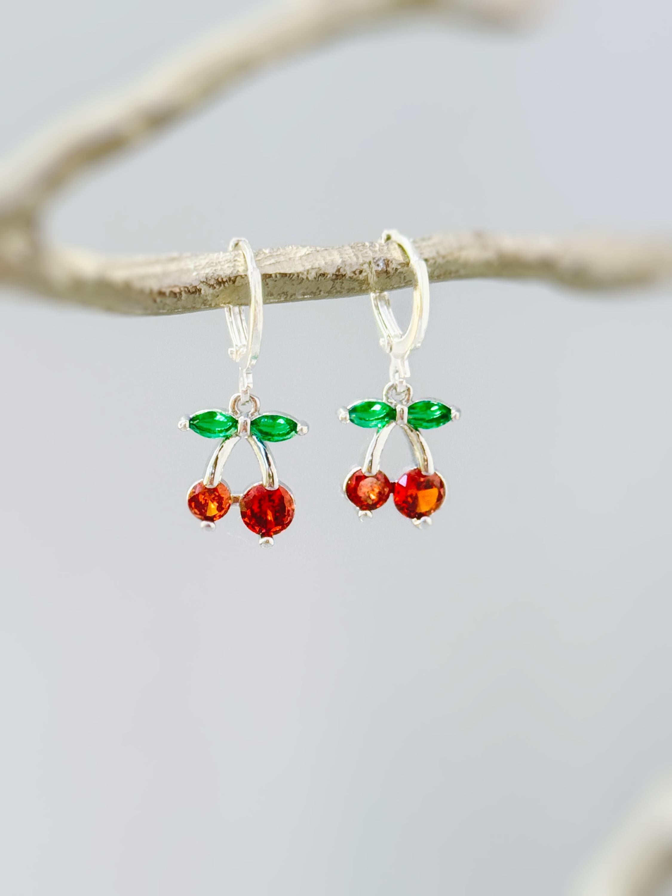 Cherry Earrings Silver, Gold Huggie Hoops Red Fruit Charm Earrings, Cottagecore Jewelry Chef Gift, Cute Summer Earrings gift for gardeners