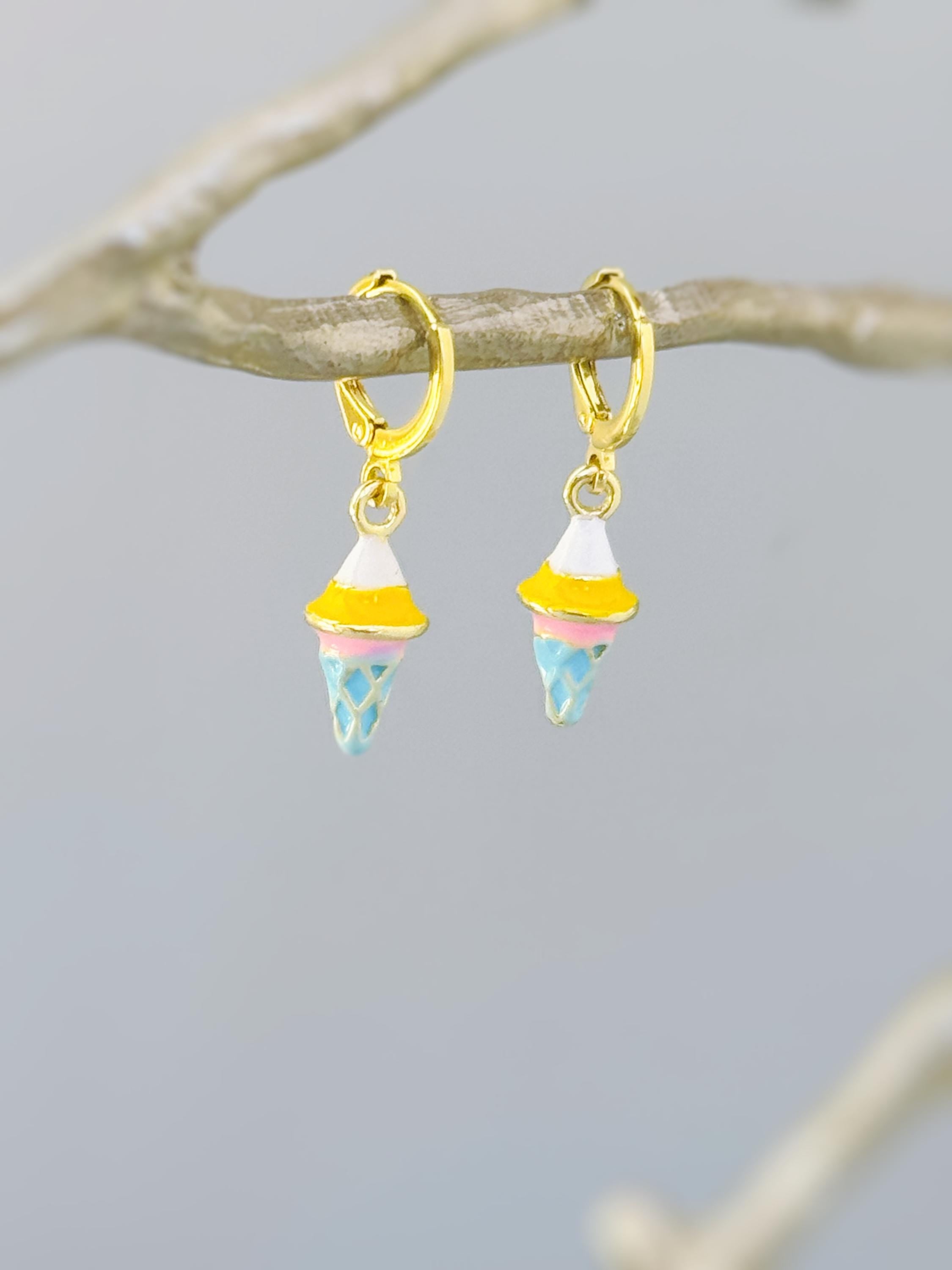 Pastel Ice Cream Earrings gold Huggie Hoops, cute summer jewelry gift for her unique fun miniature food jewelry for her cutecore candycore