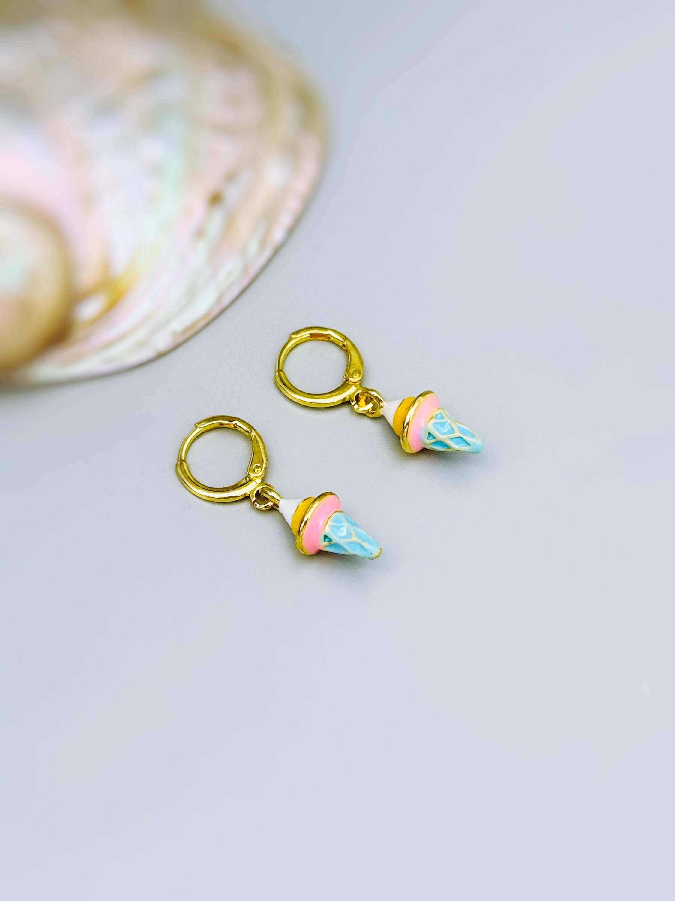 Pastel Ice Cream Earrings gold Huggie Hoops, cute summer jewelry gift for her unique fun miniature food jewelry for her cutecore candycore