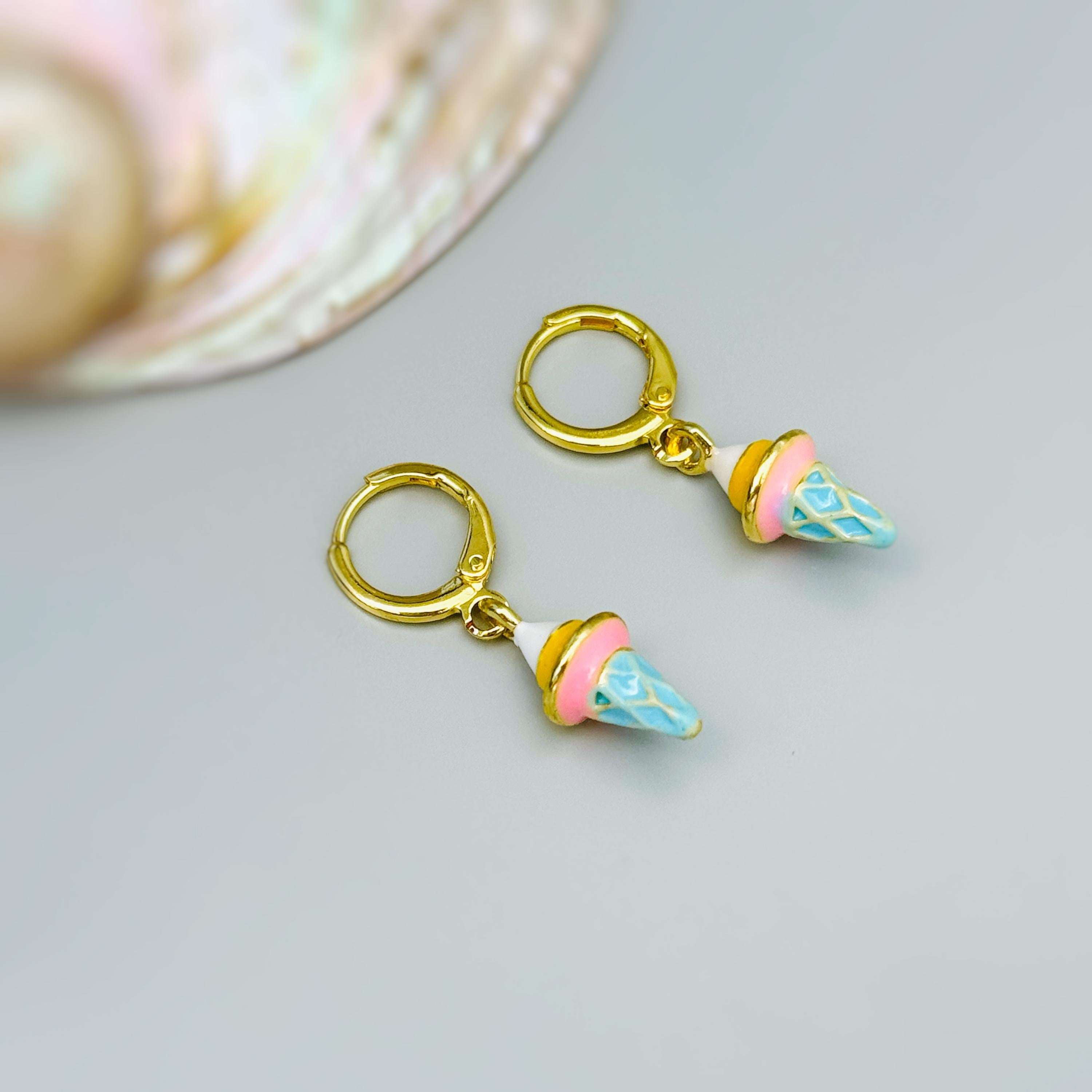 Pastel Ice Cream Earrings gold Huggie Hoops, cute summer jewelry gift for her unique fun miniature food jewelry for her cutecore candycore