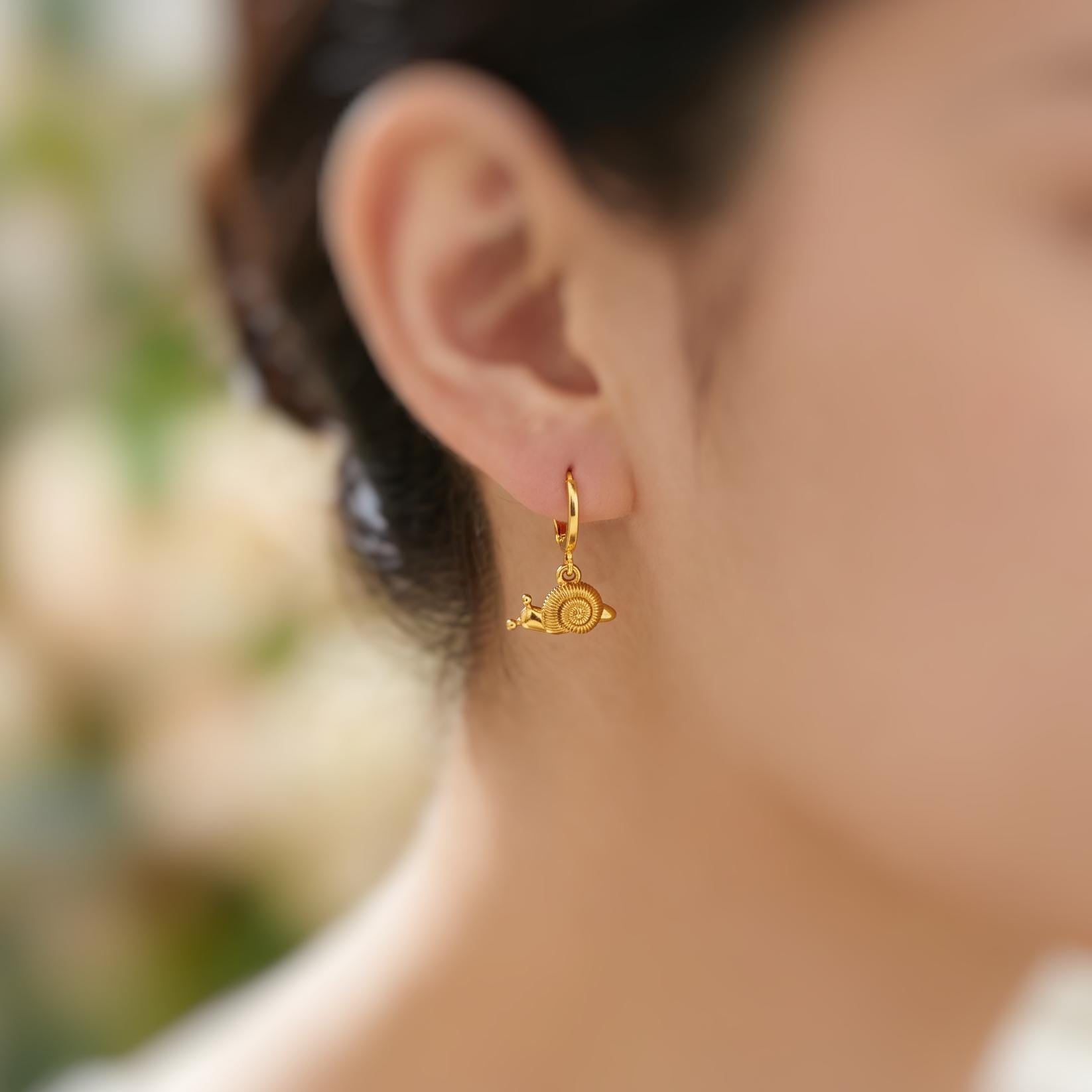 Snail Earrings Gold Huggie Hoops handmade nature lover fairy, cottagecore woodland creature jewelry unique whimsical fun gift for gardener
