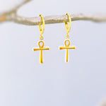 Ankh Earrings Gold Huggie Hoops Egyptian Jewelry witchy earrings ancient symbol handmade religious Ankh cross gift for women