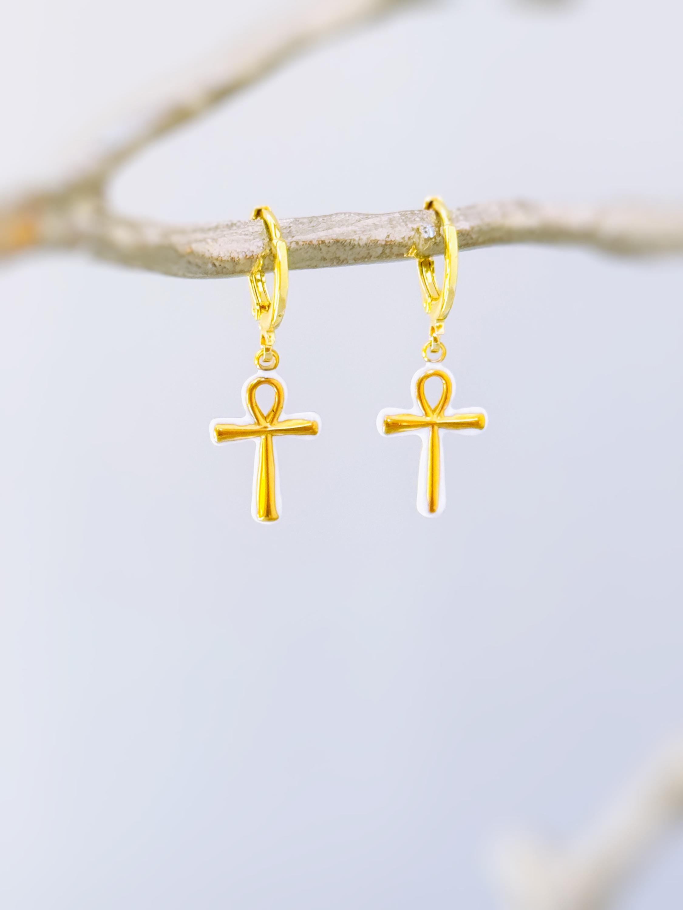 Ankh Earrings Gold Huggie Hoops Egyptian Jewelry witchy earrings ancient symbol handmade religious Ankh cross gift for women