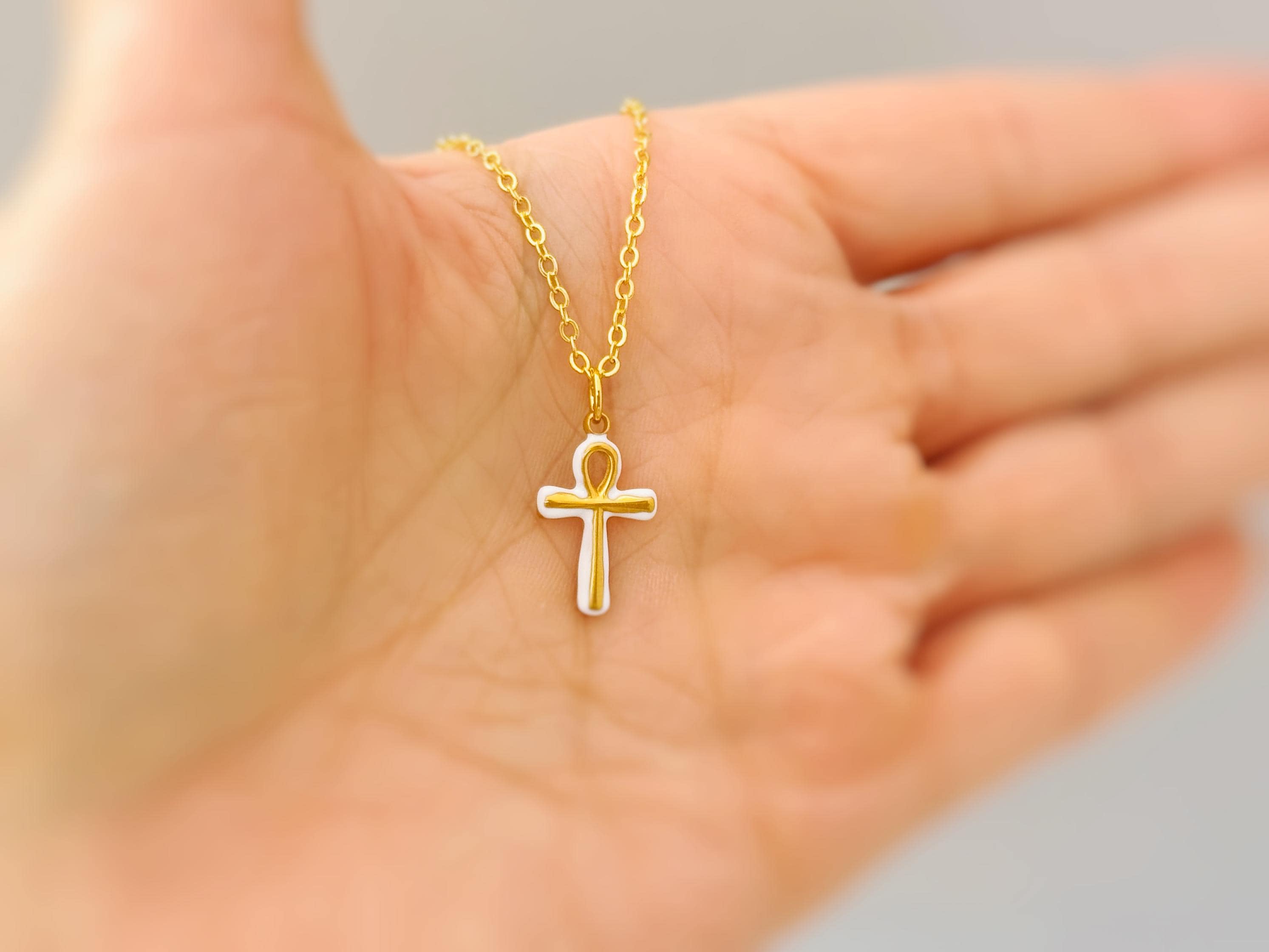 Gold Ankh Necklace, Egyptian Cross Pendant, White Enamel Ankh Charm Necklace, Spiritual Jewelry, Ancient Egyptian Jewelry gift for her