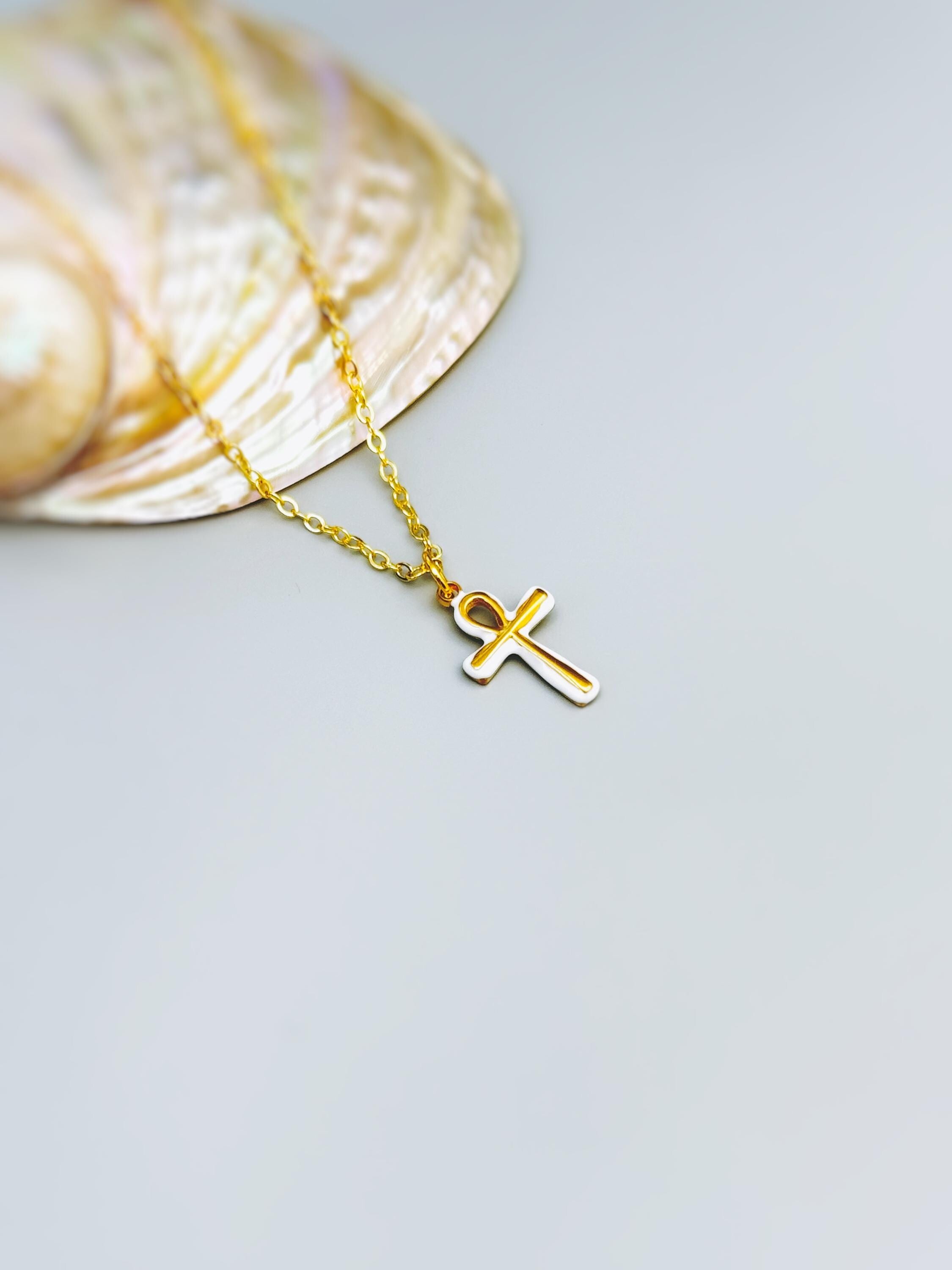 Gold Ankh Necklace, Egyptian Cross Pendant, White Enamel Ankh Charm Necklace, Spiritual Jewelry, Ancient Egyptian Jewelry gift for her
