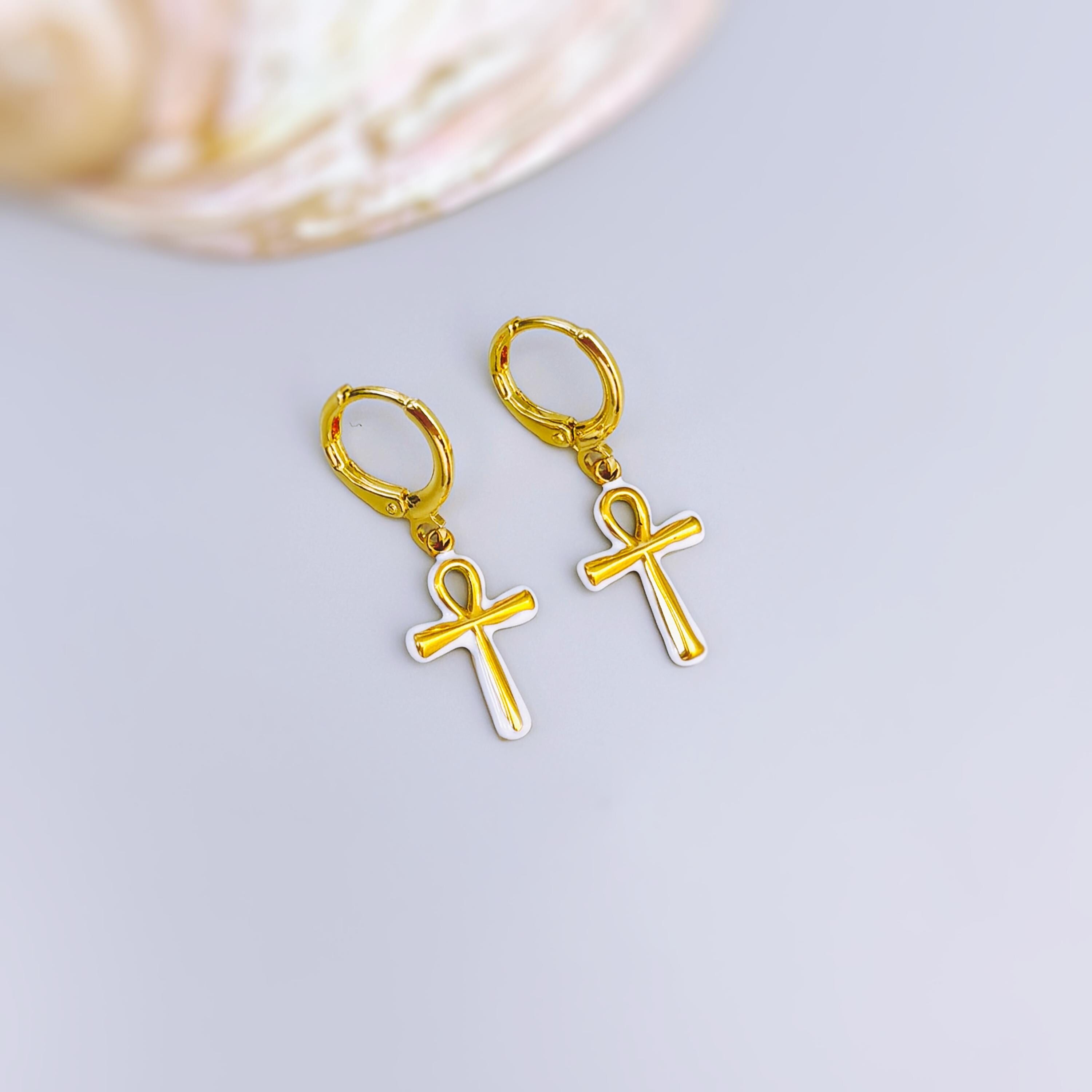 Gold Ankh Necklace, Egyptian Cross Pendant, White Enamel Ankh Charm Necklace, Spiritual Jewelry, Ancient Egyptian Jewelry gift for her