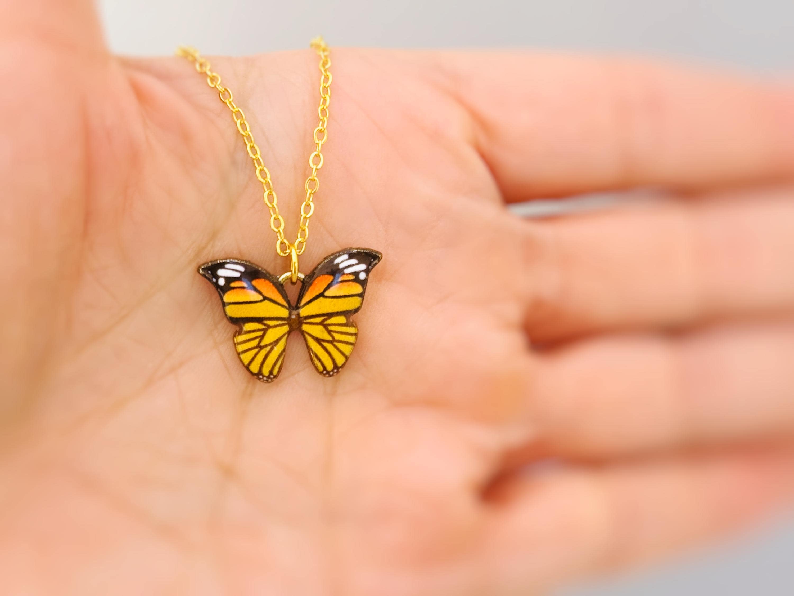 Monarch Butterfly Necklace Gold handmade nature inspired jewelry for her gift for gardeners, mom, sister orange cottagecore charm necklace
