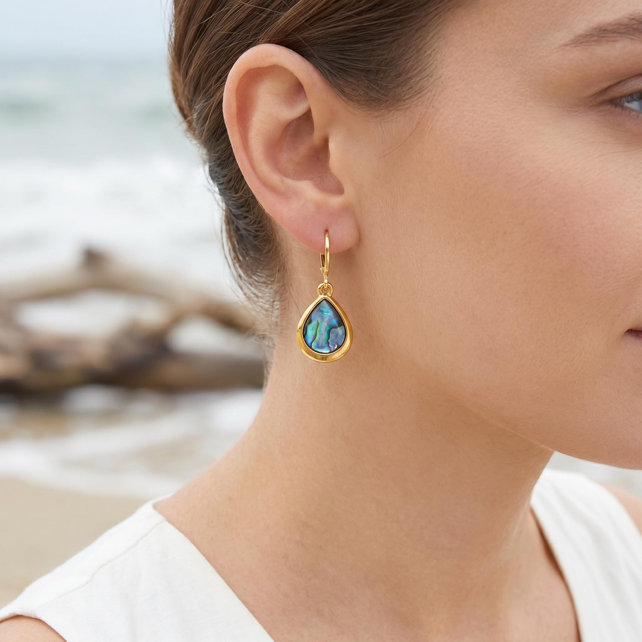 Teardrop Abalone Earrings Gold Huggie Hoops dangle handmade shell earrings, colorful summer jewelry, ocean beach wedding gift for her