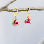 Watermelon Earrings Gold Huggie Hoops Cute Summer Jewelry Pink Heart Fruit Charm Earrings Cottagecore Jewelry Chef Gift for gardeners, women