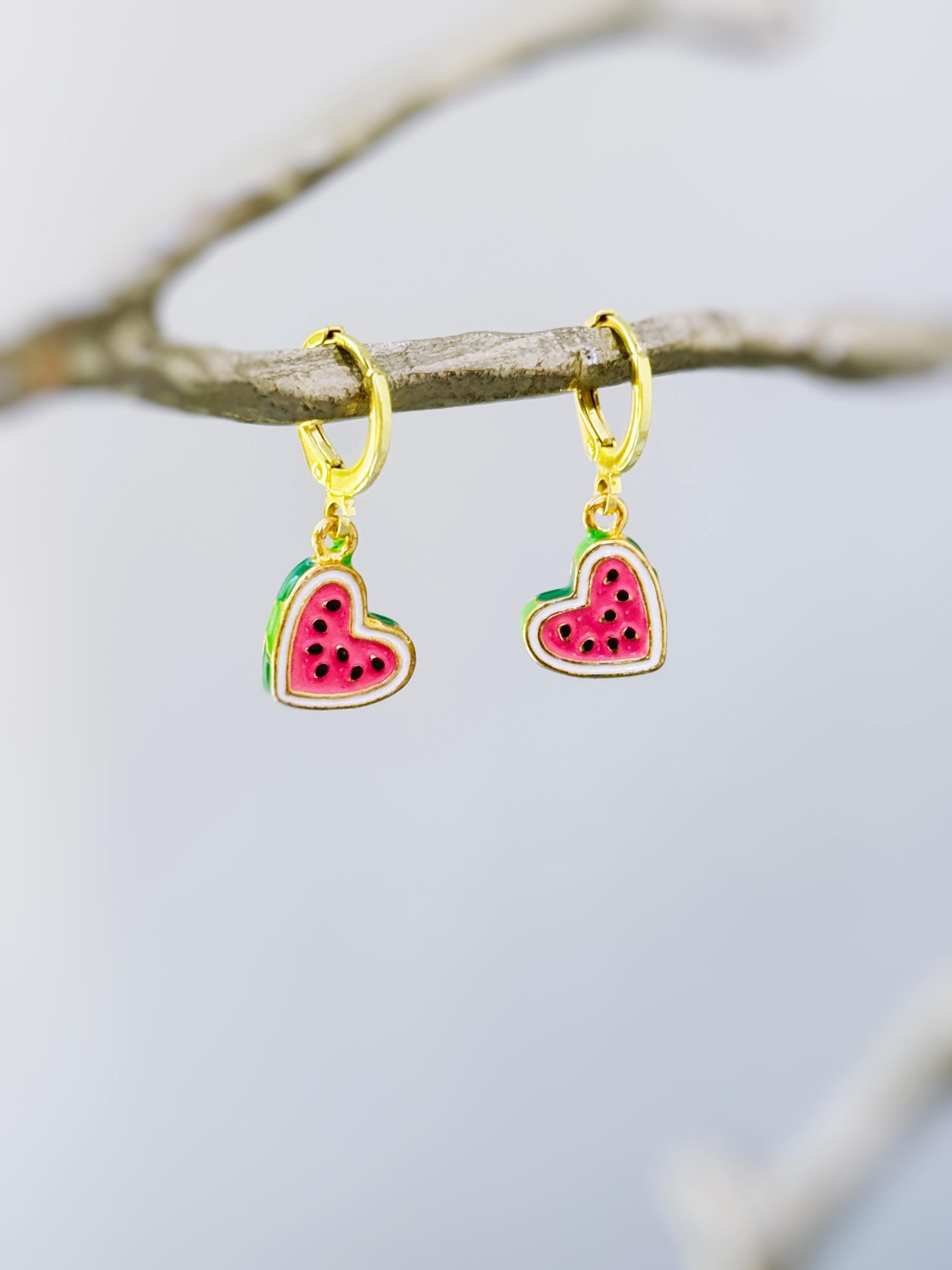 Watermelon Earrings Gold Huggie Hoops Cute Summer Jewelry Pink Heart Fruit Charm Earrings Cottagecore Jewelry Chef Gift for gardeners, women