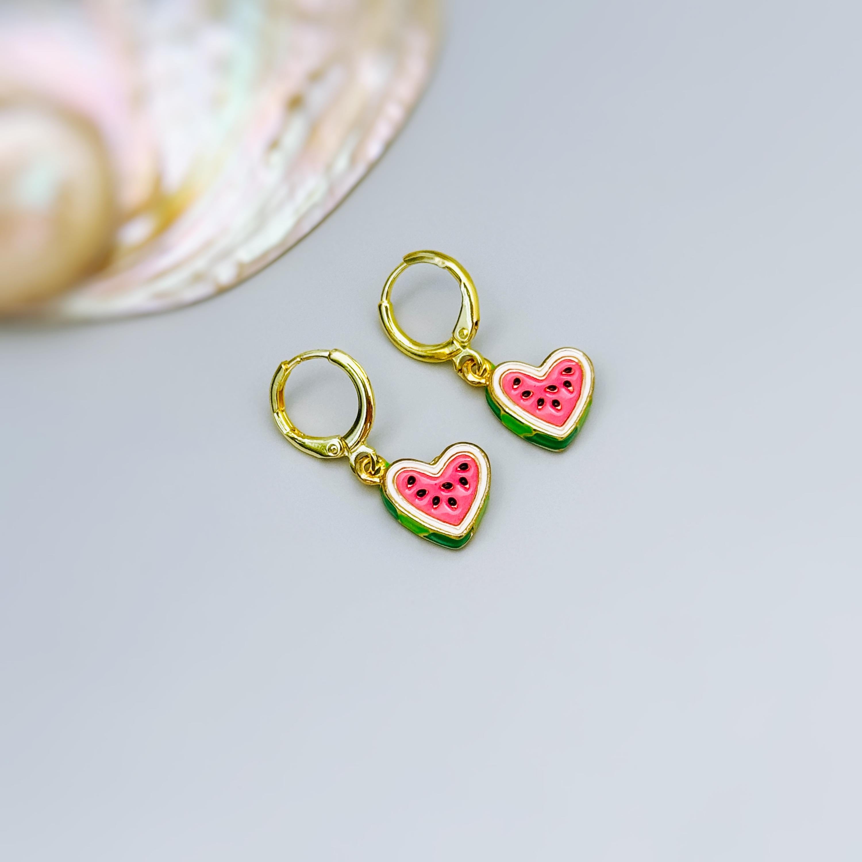 Watermelon Earrings Gold Huggie Hoops Cute Summer Jewelry Pink Heart Fruit Charm Earrings Cottagecore Jewelry Chef Gift for gardeners, women