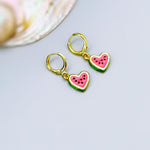 Watermelon Earrings Gold Huggie Hoops Cute Summer Jewelry Pink Heart Fruit Charm Earrings Cottagecore Jewelry Chef Gift for gardeners, women