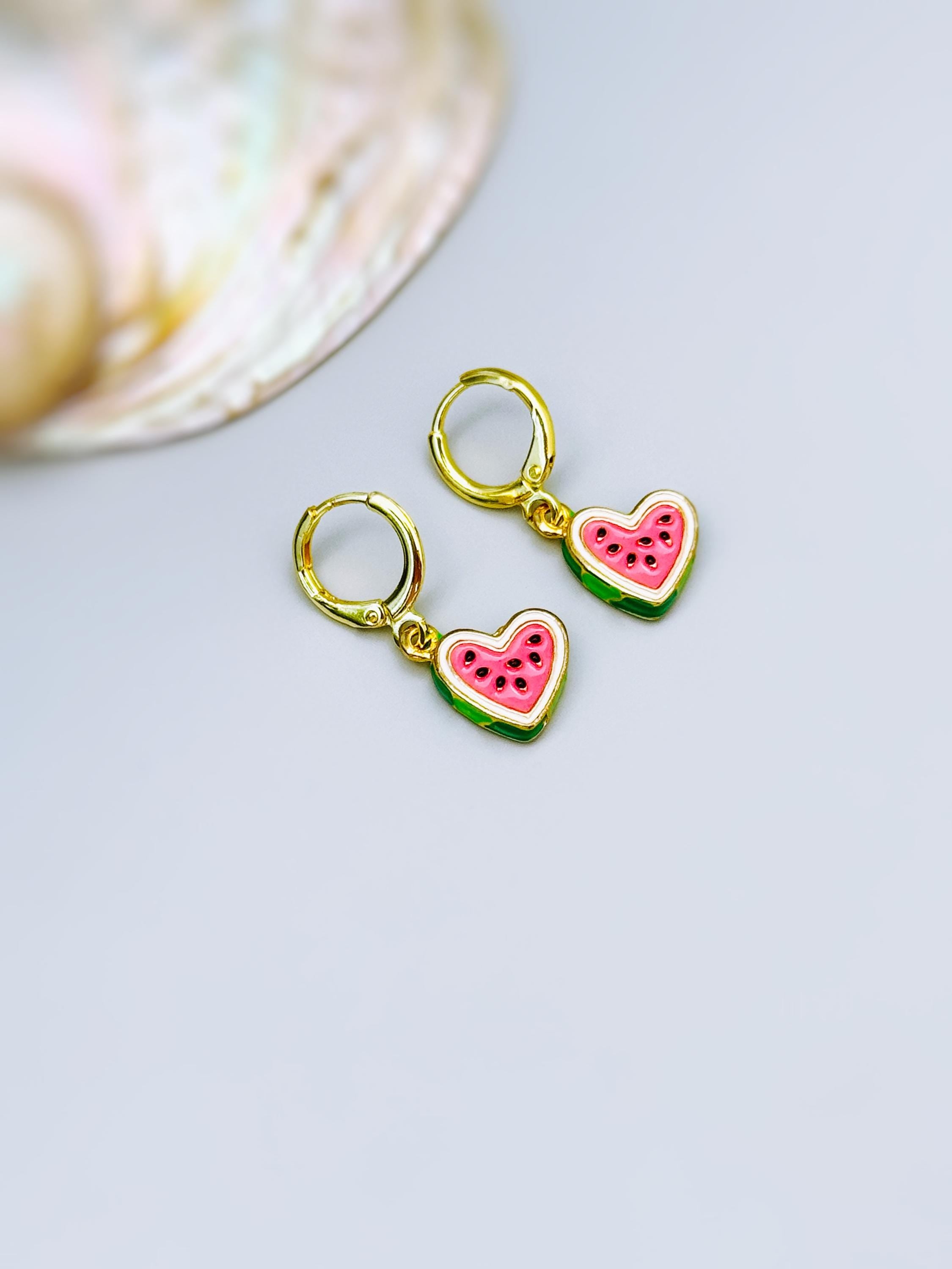 Watermelon Earrings Gold Huggie Hoops Cute Summer Jewelry Pink Heart Fruit Charm Earrings Cottagecore Jewelry Chef Gift for gardeners, women