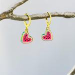 Watermelon Earrings Gold Huggie Hoops Cute Summer Jewelry Pink Heart Fruit Charm Earrings Cottagecore Jewelry Chef Gift for gardeners, women
