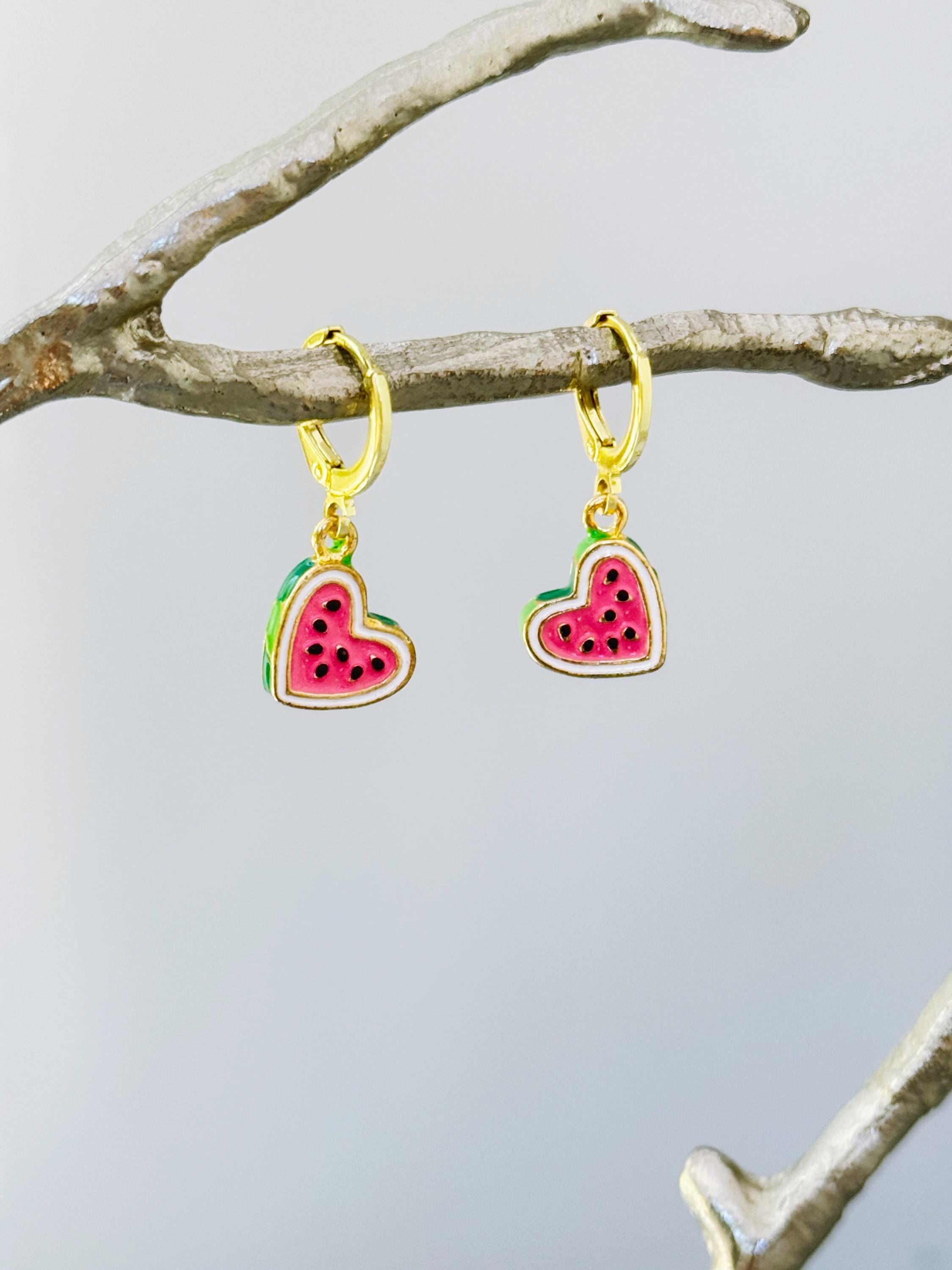 Watermelon Earrings Gold Huggie Hoops Cute Summer Jewelry Pink Heart Fruit Charm Earrings Cottagecore Jewelry Chef Gift for gardeners, women
