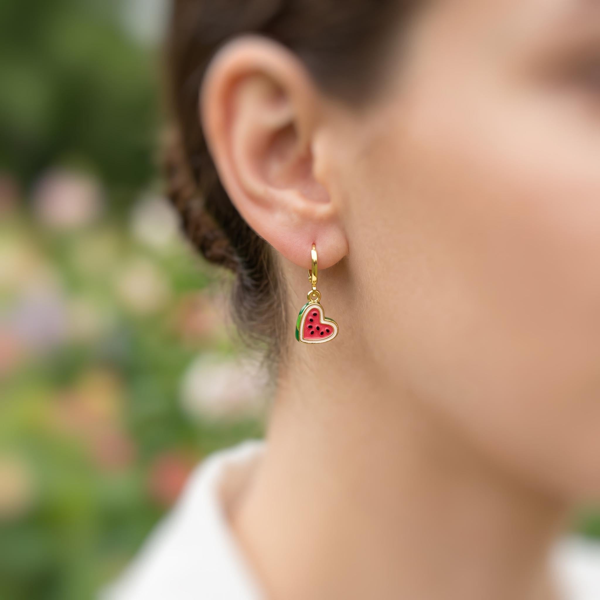Watermelon Earrings Gold Huggie Hoops Cute Summer Jewelry Pink Heart Fruit Charm Earrings Cottagecore Jewelry Chef Gift for gardeners, women