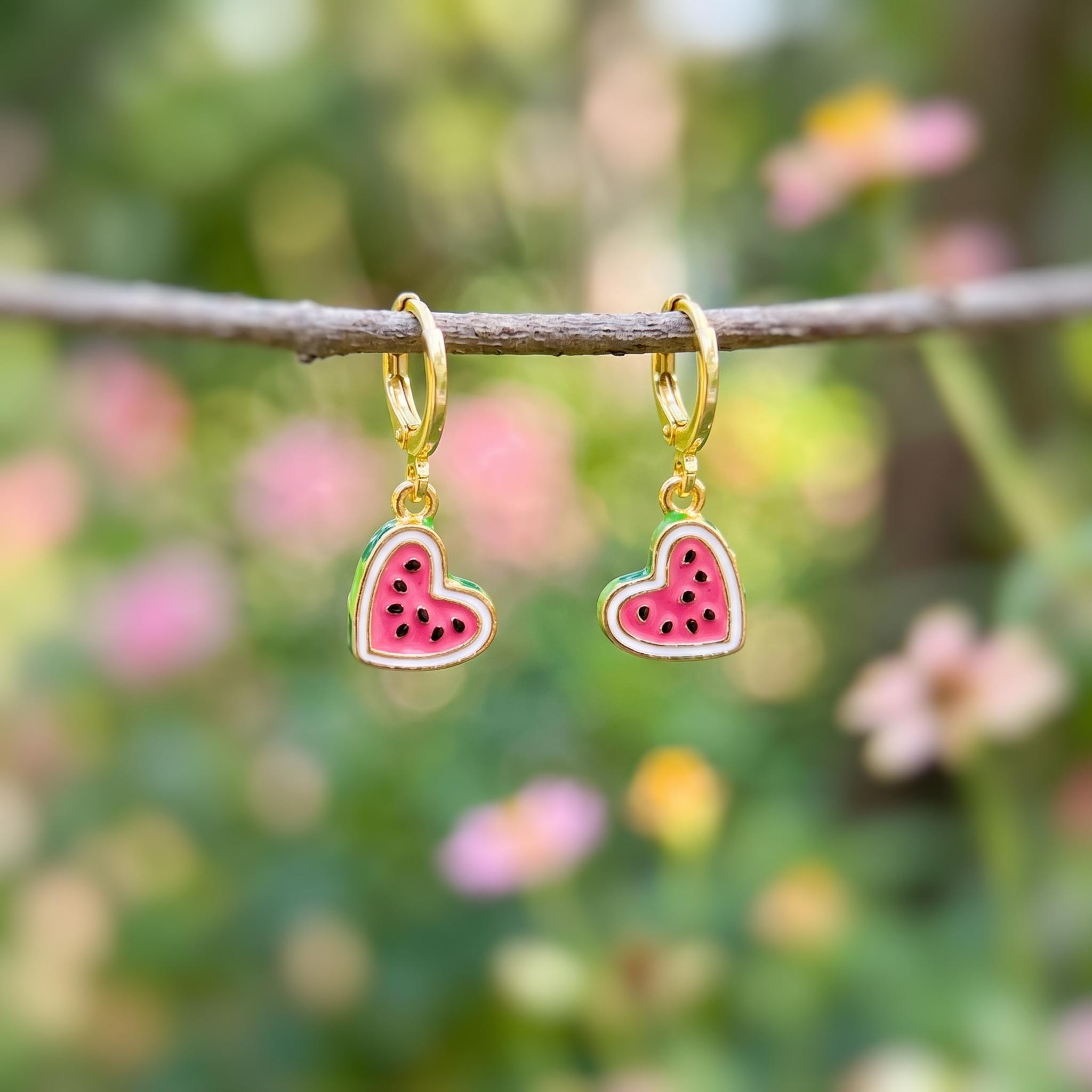 Watermelon Earrings Gold Huggie Hoops Cute Summer Jewelry Pink Heart Fruit Charm Earrings Cottagecore Jewelry Chef Gift for gardeners, women