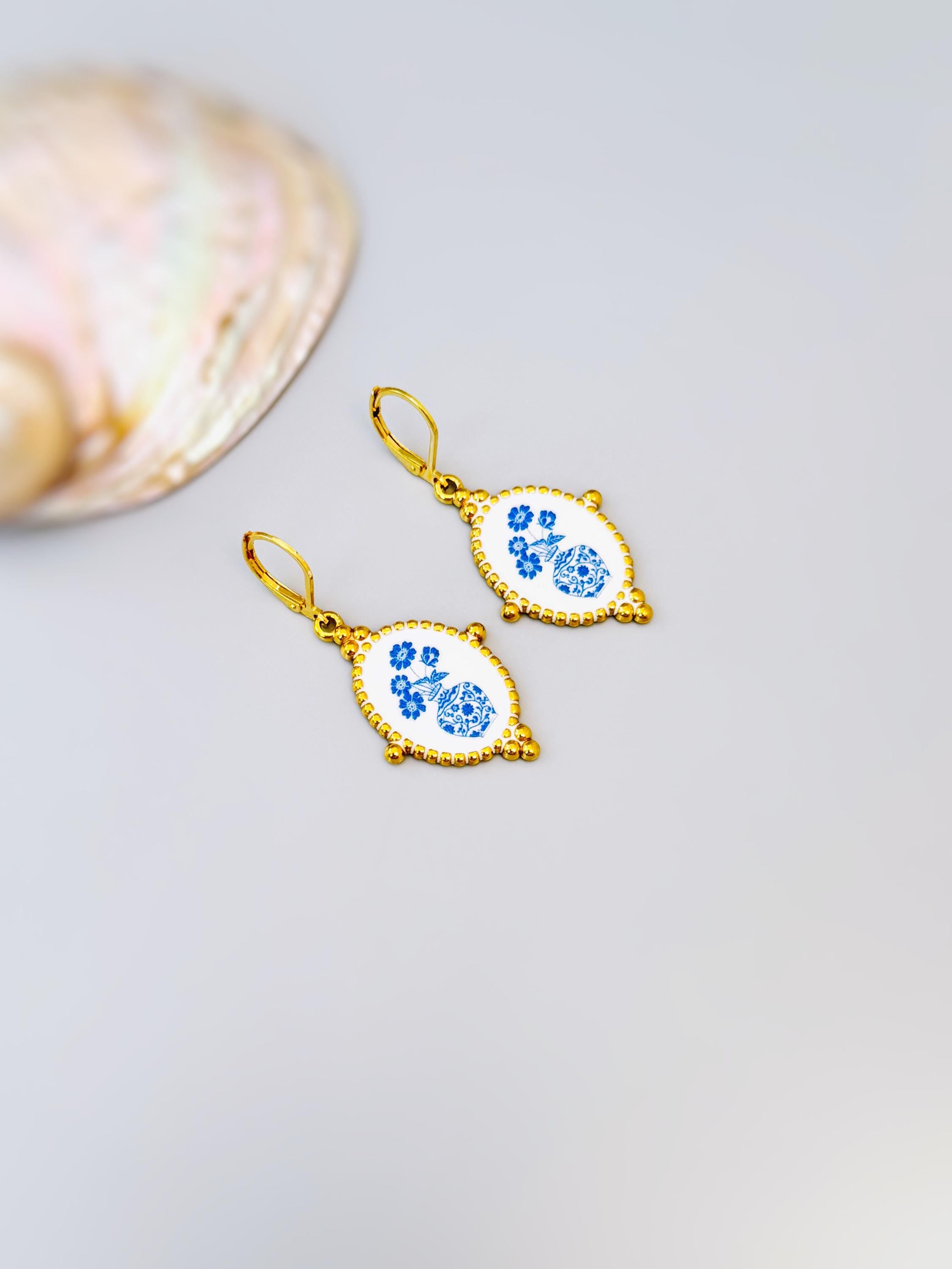 Delft Blue Porcelain Earrings Gold Leverbacks Chinoiserie China Victorian floral jewelry for women grandmillennial style