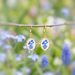 Delft Blue Porcelain Earrings Gold Leverbacks Chinoiserie China Victorian floral jewelry for women grandmillennial style
