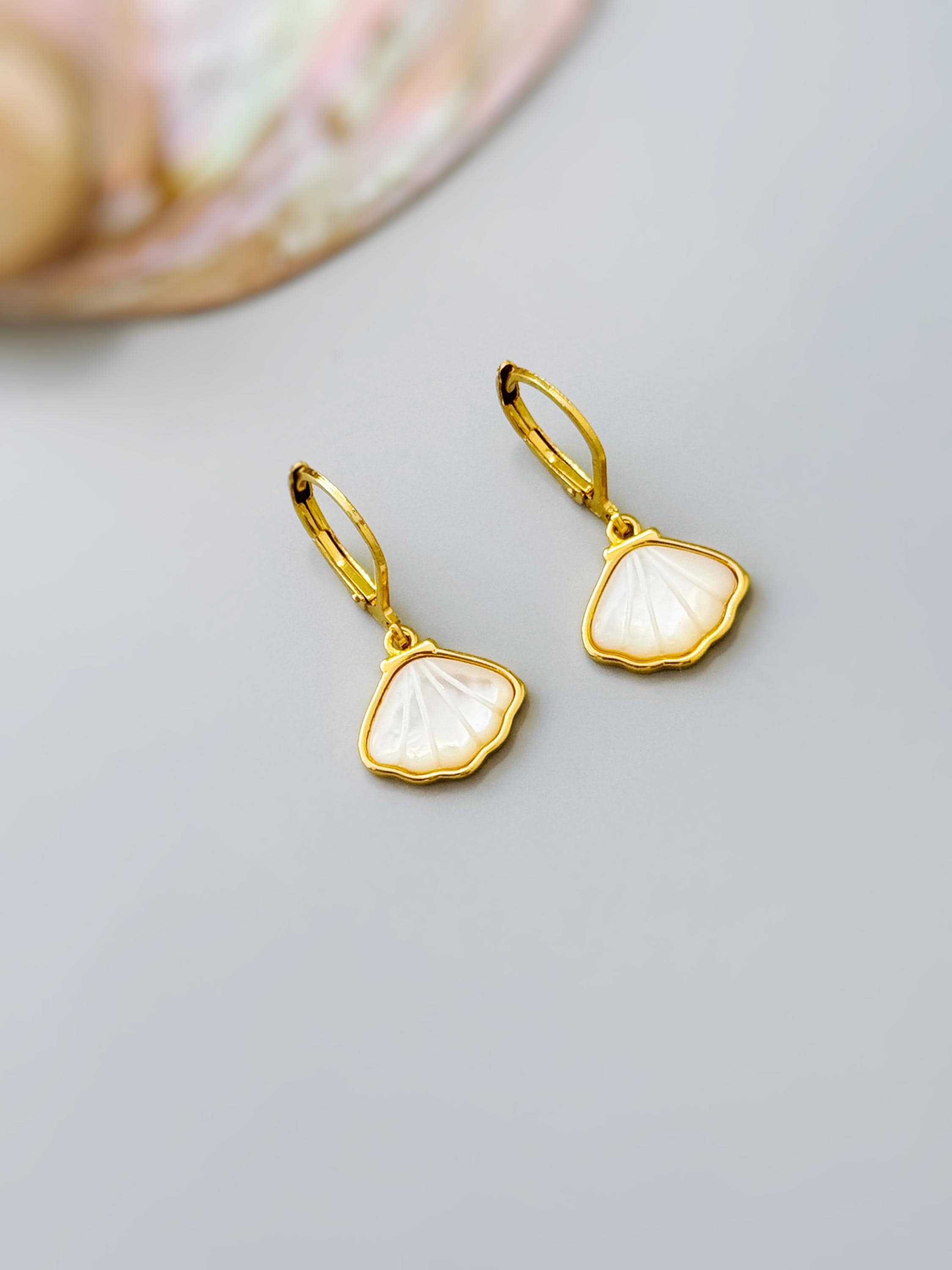 Mother of Pearl Shell Earrings 14k Gold Dangle handmade June birthstone jewelry for women leverback June beach wedding gift for grandma mom