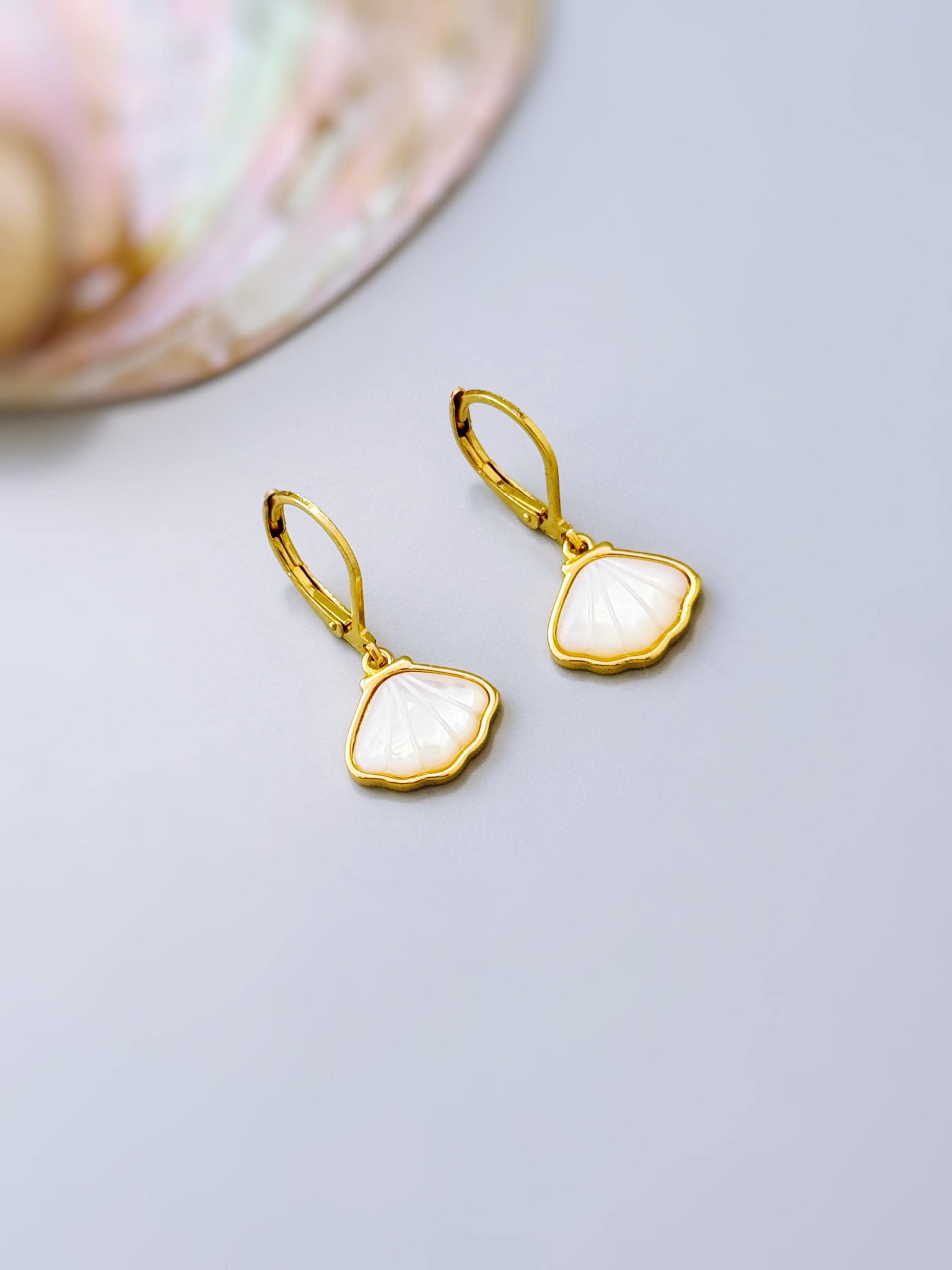 Mother of Pearl Shell Earrings 14k Gold Dangle handmade June birthstone jewelry for women leverback June beach wedding gift for grandma mom