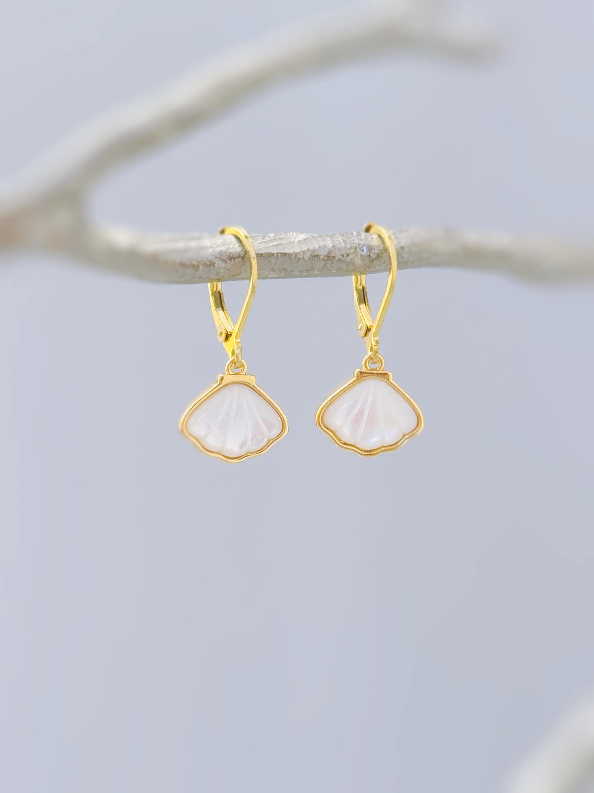 Mother of Pearl Shell Earrings 14k Gold Dangle handmade June birthstone jewelry for women leverback June beach wedding gift for grandma mom