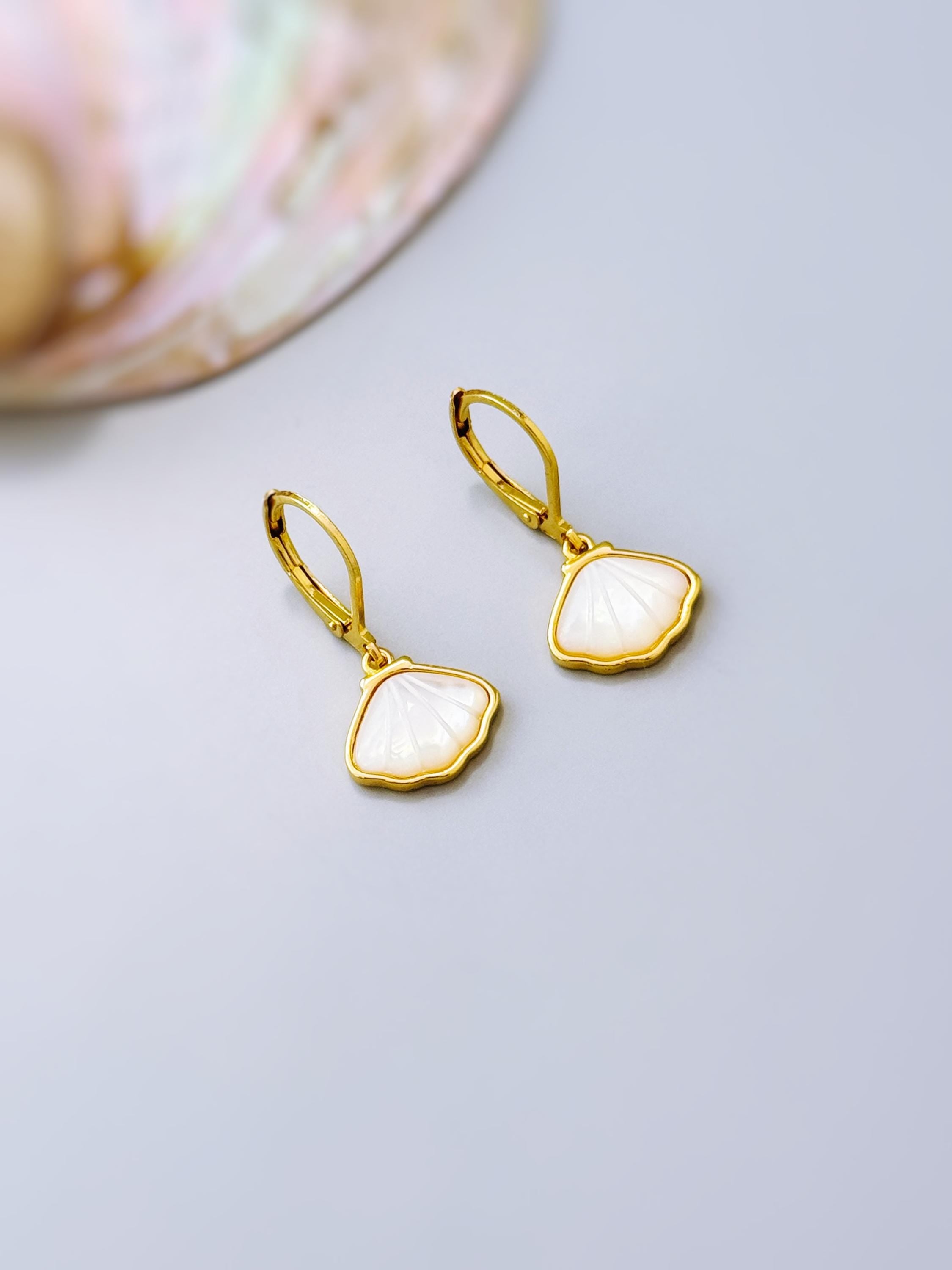Mother of Pearl Shell Earrings 14k Gold Dangle handmade June birthstone jewelry for women leverback June beach wedding gift for grandma mom