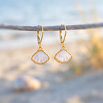 Mother of Pearl Shell Earrings 14k Gold Dangle handmade June birthstone jewelry for women leverback June beach wedding gift for grandma mom