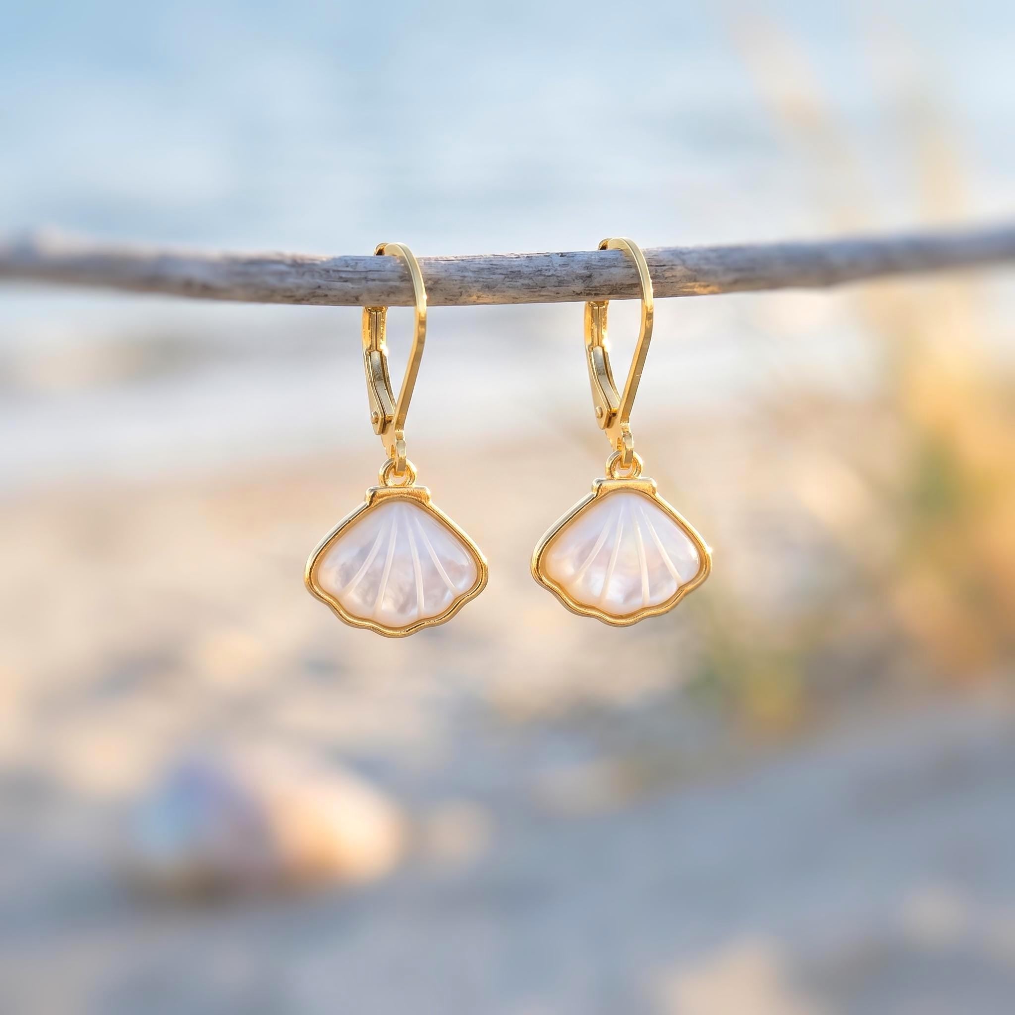 Mother of Pearl Shell Earrings 14k Gold Dangle handmade June birthstone jewelry for women leverback June beach wedding gift for grandma mom