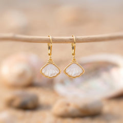 Mother of Pearl Shell Earrings 14k Gold Dangle handmade June birthstone jewelry for women leverback June beach wedding gift for grandma mom