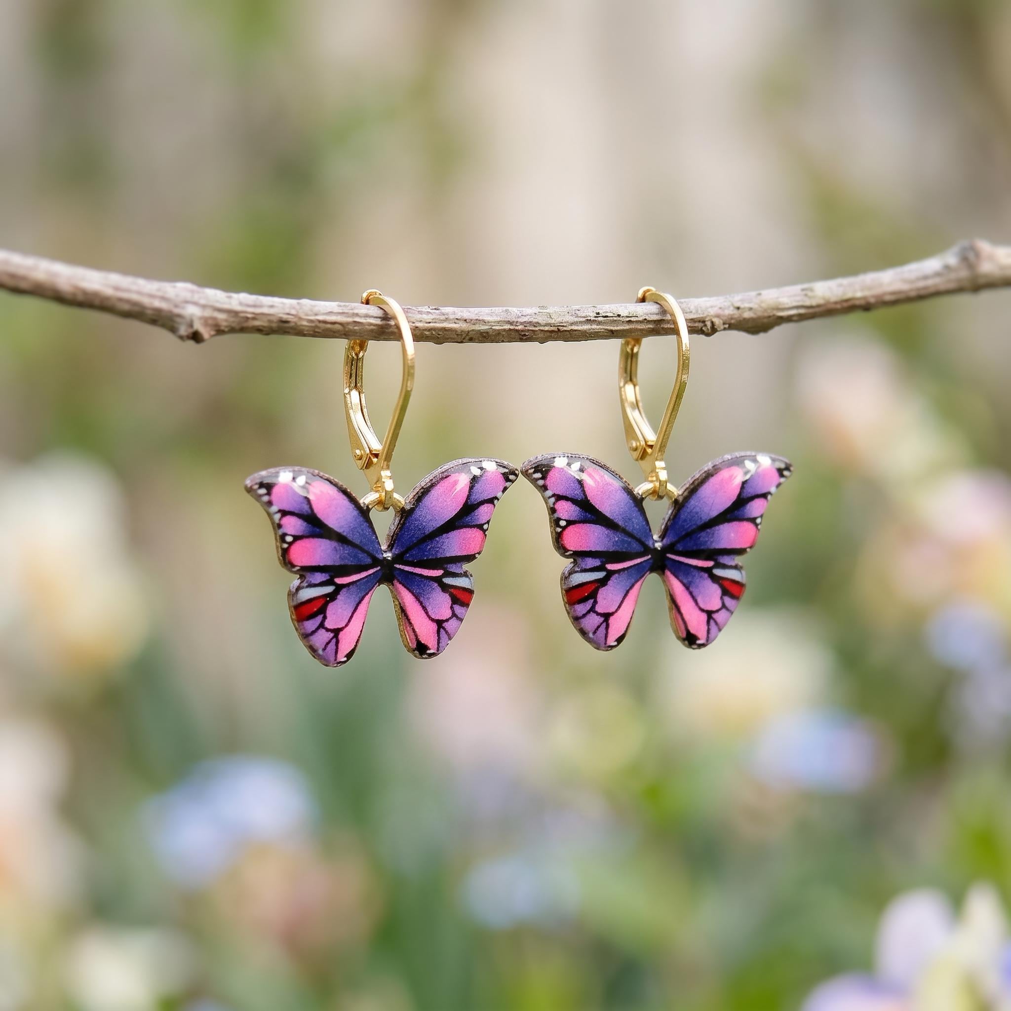 Purple Butterfly Earrings Dangle Gold Handmade Colorful Spring Summer Jewelry gifts for gardener, mothers day, insect, nature lover, mom