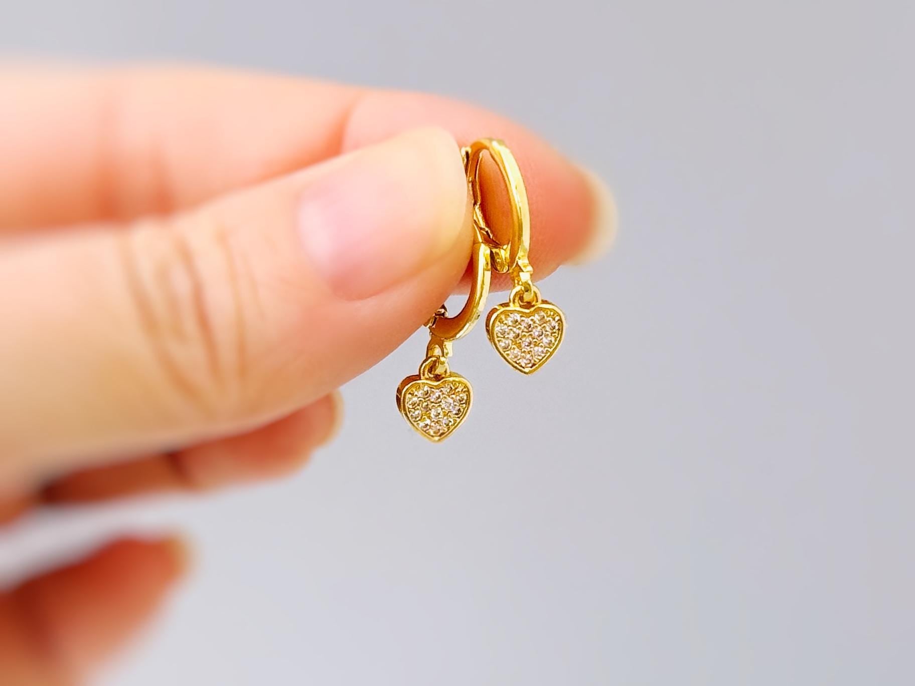 Tiny Gold Heart Earrings Dangle Huggie Hoops Crystal Heart Charm earrings for women handmade Valentines day jewelry gift for friend, moms