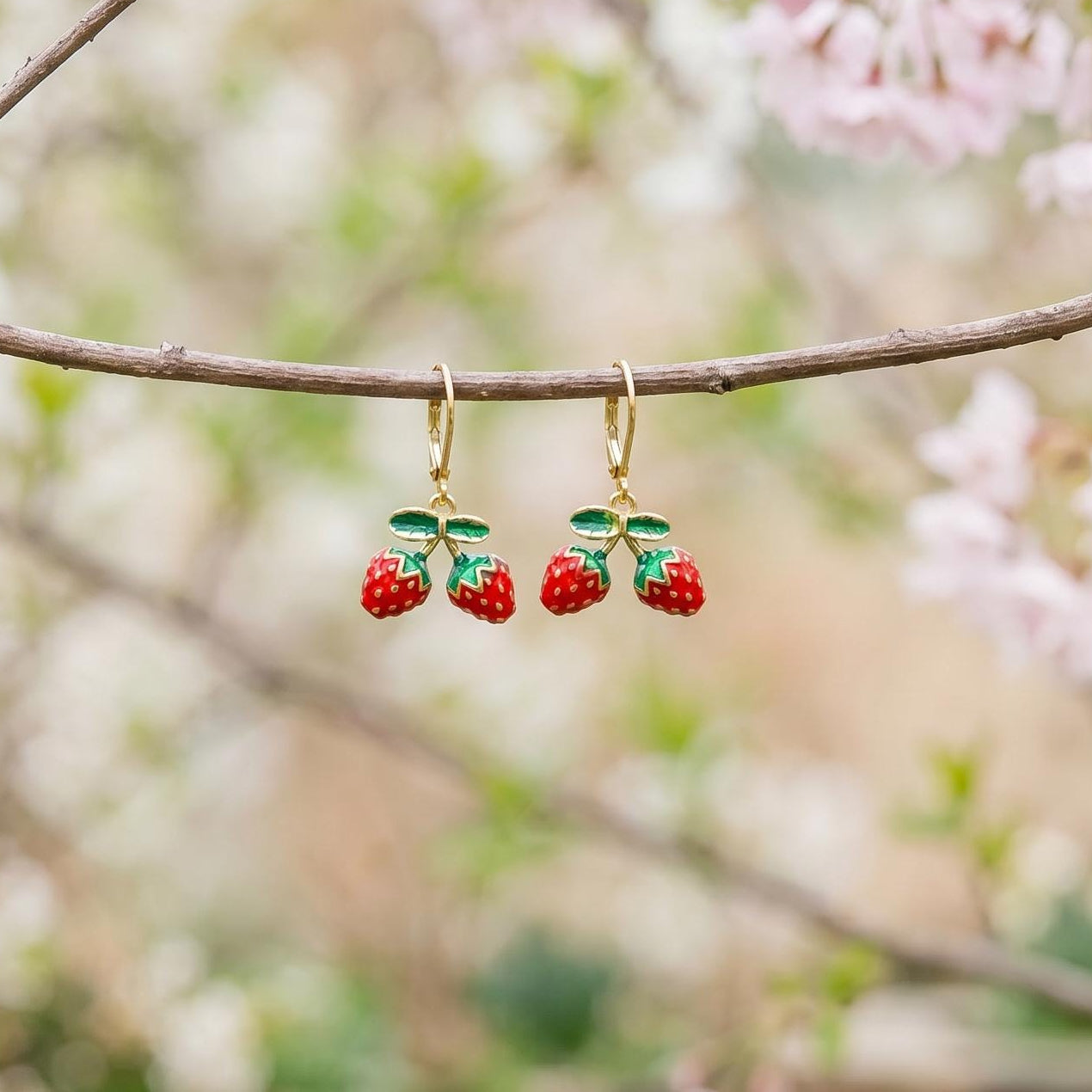 Strawberry Earrings Gold Leverbacks Red Charm Earrings, Cottagecore Jewelry Fruit Chef Gift, Cute Summer Earrings gift for gardener, mom bff