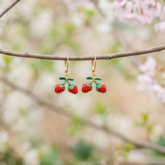 Strawberry Earrings Gold Leverbacks Red Charm Earrings, Cottagecore Jewelry Fruit Chef Gift, Cute Summer Earrings gift for gardener, mom bff