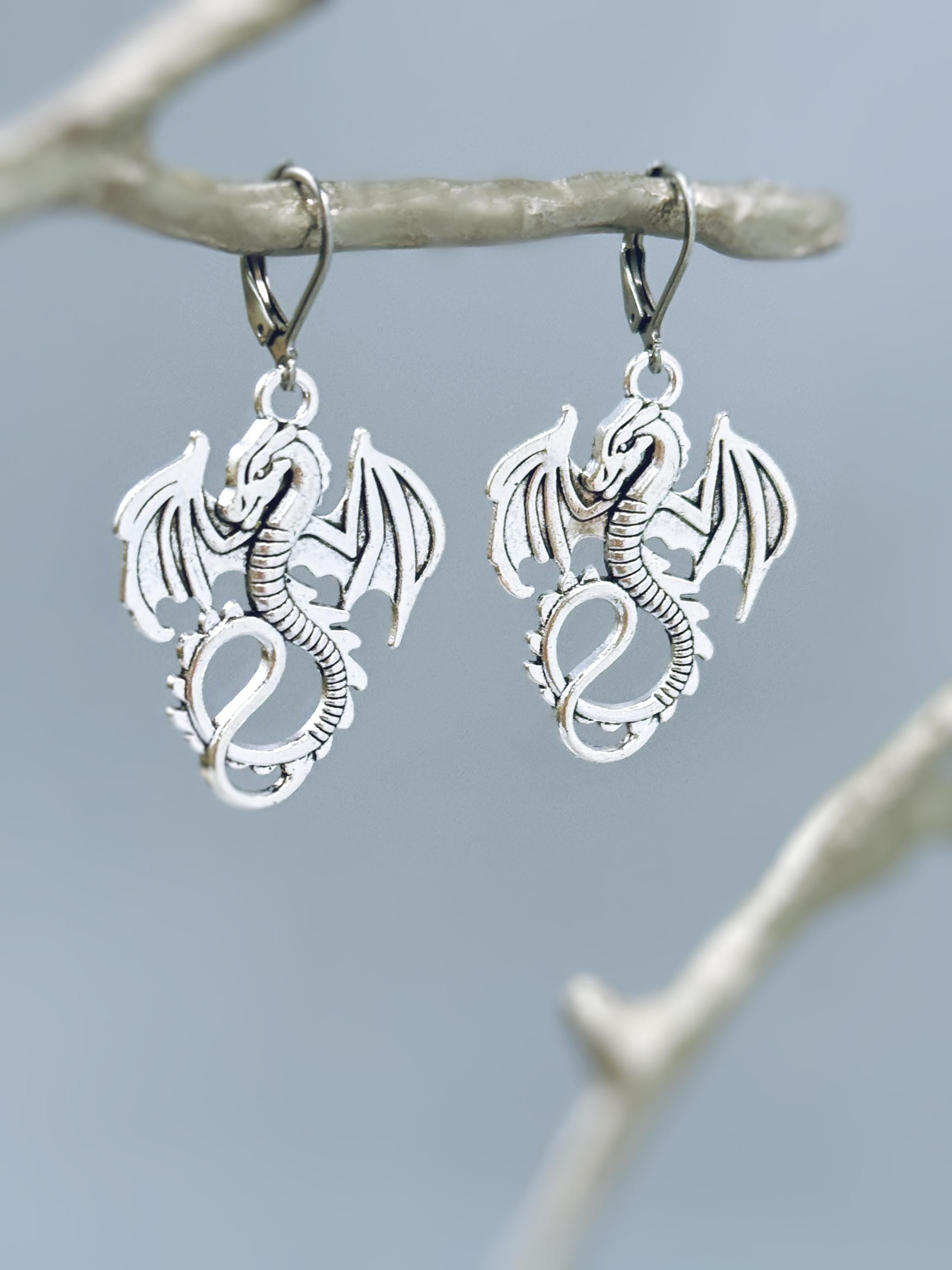 Silver Dragon Earrings dangle handmade Fantasy whimsigoth jewelry stainless steel grunge gothic statement earrings witchy gift for women