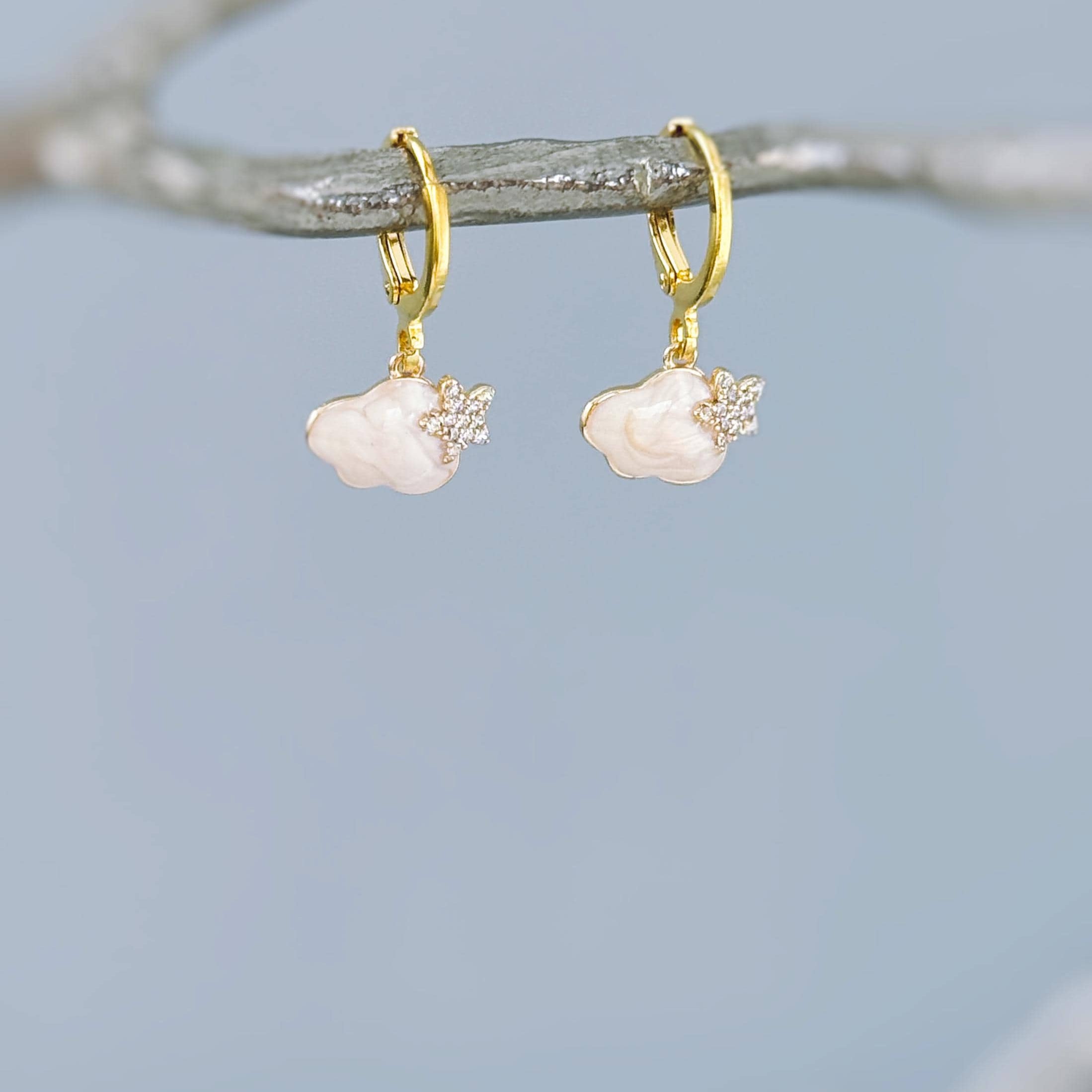 Dainty Cloud Earrings dangle Gold Huggie Hoops handmade elegant jewelry unique celestial earrings gift for nature lovers, sister, friend mom