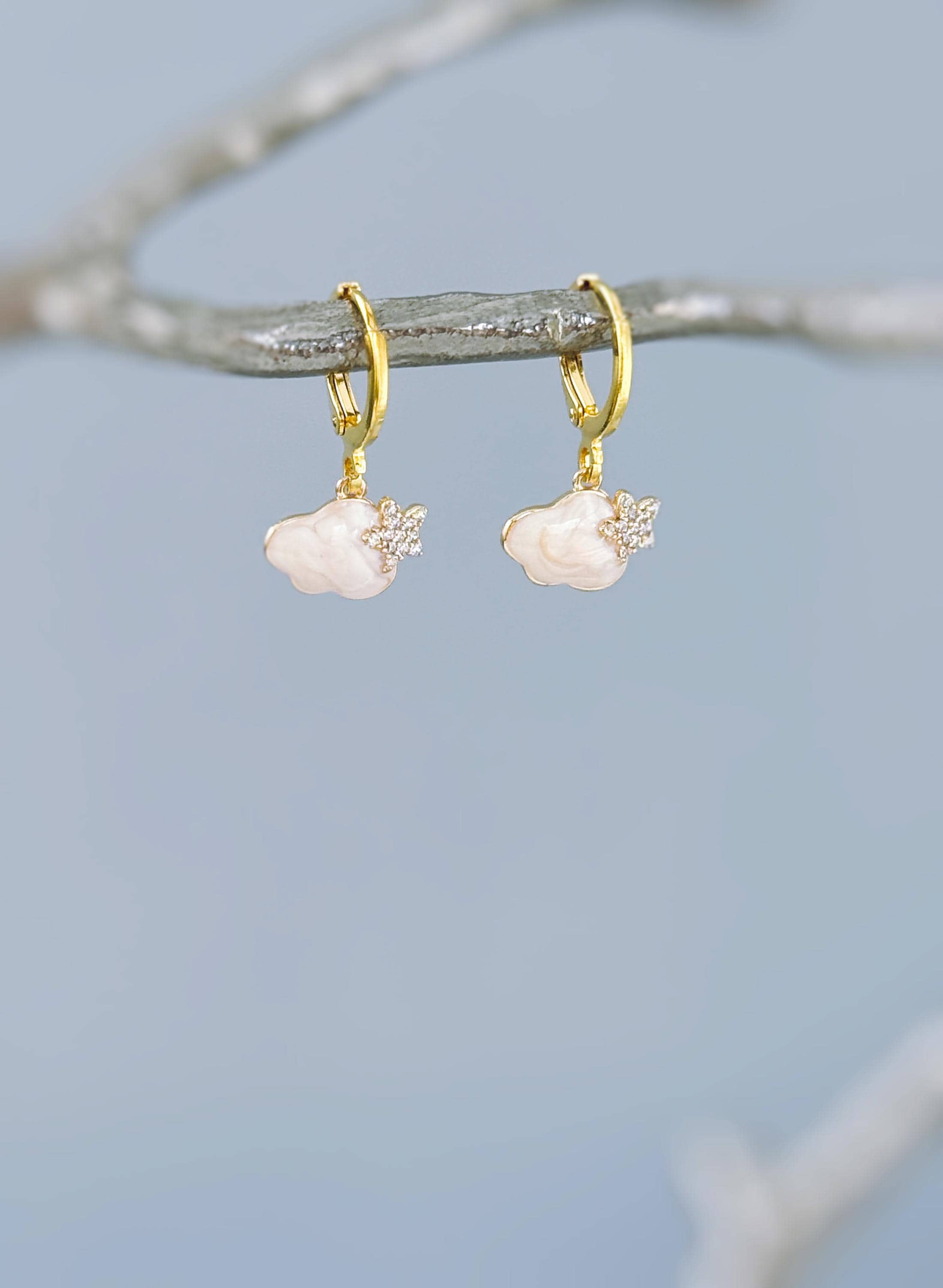 Dainty Cloud Earrings dangle Gold Huggie Hoops handmade elegant jewelry unique celestial earrings gift for nature lovers, sister, friend mom