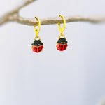 Dainty Ladybug Earrings dangle Gold, Silver huggie hoops handmade cottagecore minimalist nature inspired bug jewelry gift for gardeners, bff