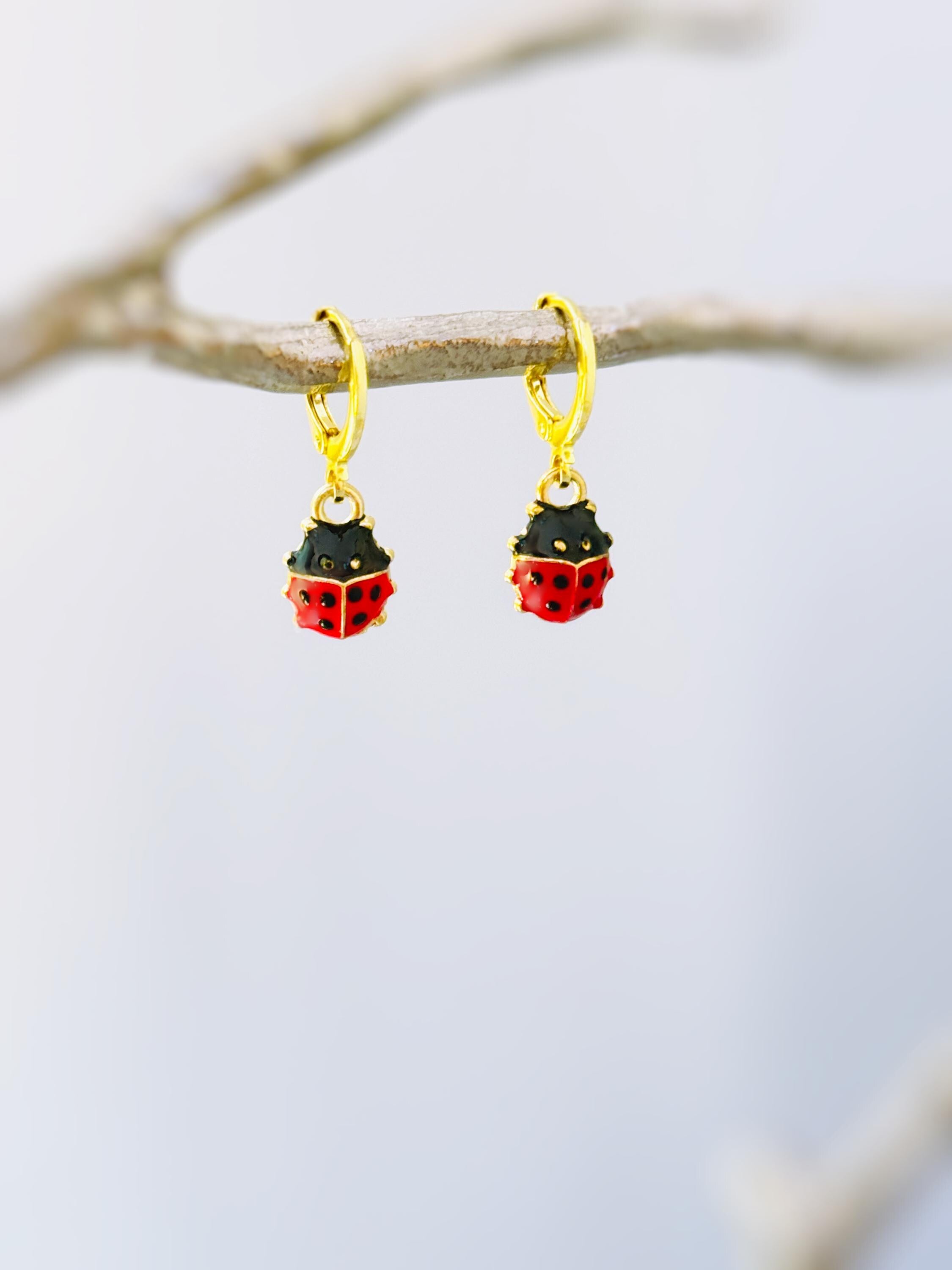 Dainty Ladybug Earrings dangle Gold, Silver huggie hoops handmade cottagecore minimalist nature inspired bug jewelry gift for gardeners, bff